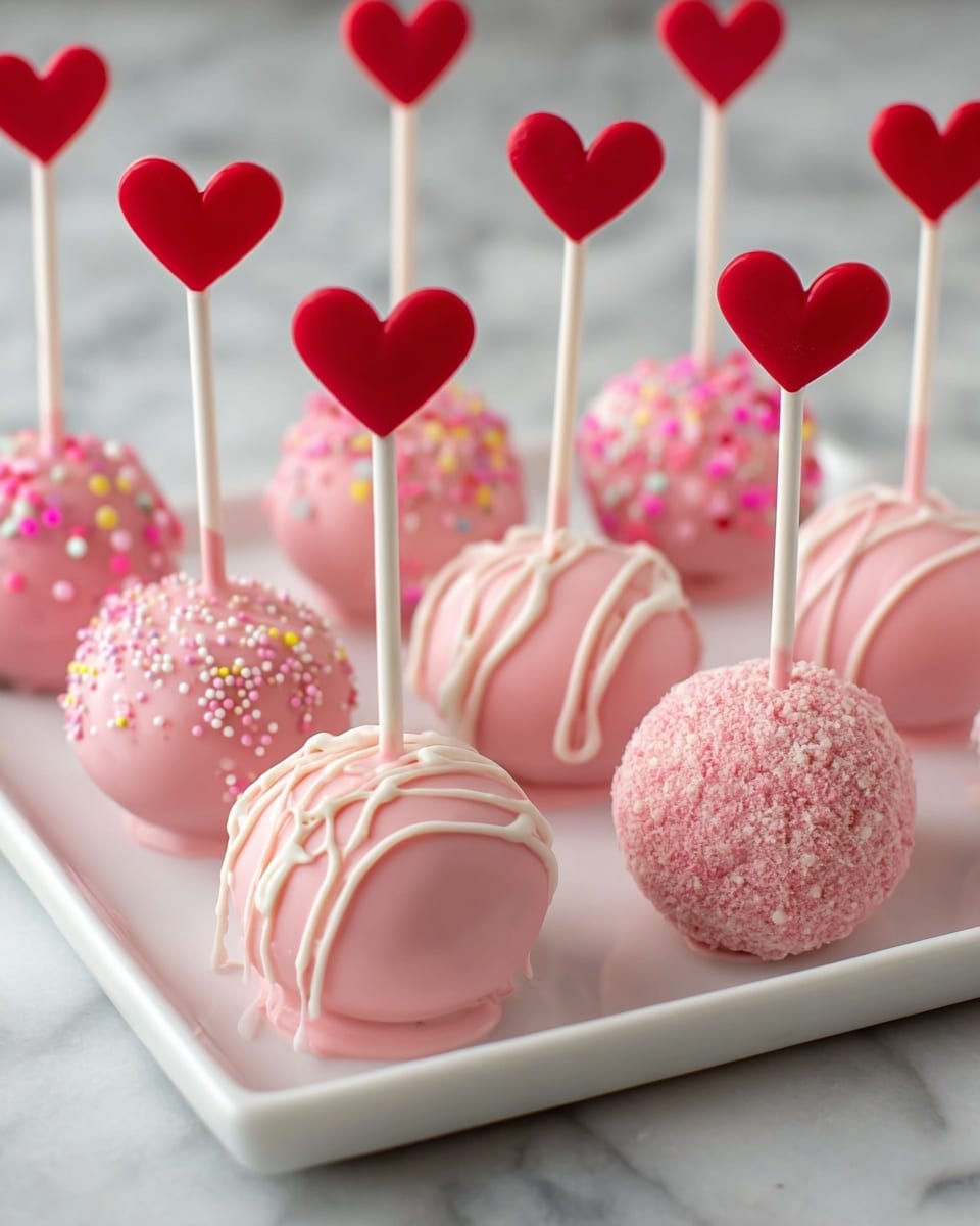 The image shows a tray of pink cake pops, each round and smooth with different decorations and held by sticks topped with red heart shapes. The cake pops have layers of light pink coating, some with white and pink drizzle lines, others covered with colorful sprinkles, and some plain pink with tiny white dots. The sticks go through the center of each cake pop, stuck firmly into the bottom coated in a rougher pink texture. The tray is white and sits on a white marbled surface, creating a soft and clean background. Photo taken with an iphone --ar 4:5 --v 7