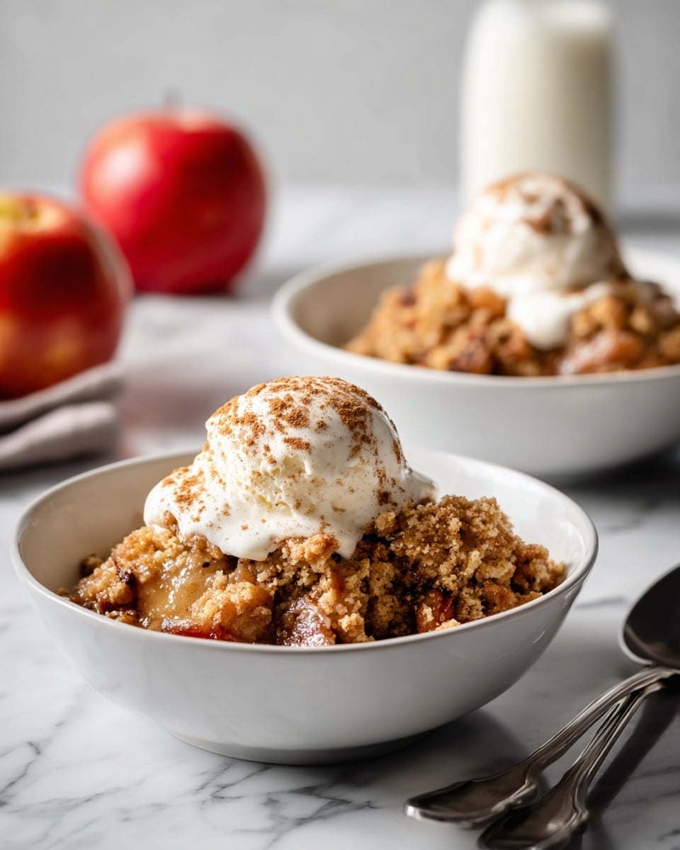 The image shows two white shallow bowls filled with a layered dessert. The bottom layer looks like moist, crumbly cake with a light brown color mixed with some darker brown pieces, likely cinnamon spiced fruit. On top of each bowl is a dollop of creamy white ice cream, slightly melting over the warm dessert and sprinkled with a touch of brown cinnamon powder. The bowls are placed on a white marbled surface, and in the background, there is a blurred bottle of milk and a red apple. Two shiny silver spoons are placed on the surface near the front bowl, and a woman's hand holds one of the bowls gently. Photo taken with an iphone --ar 4:5 --v 7