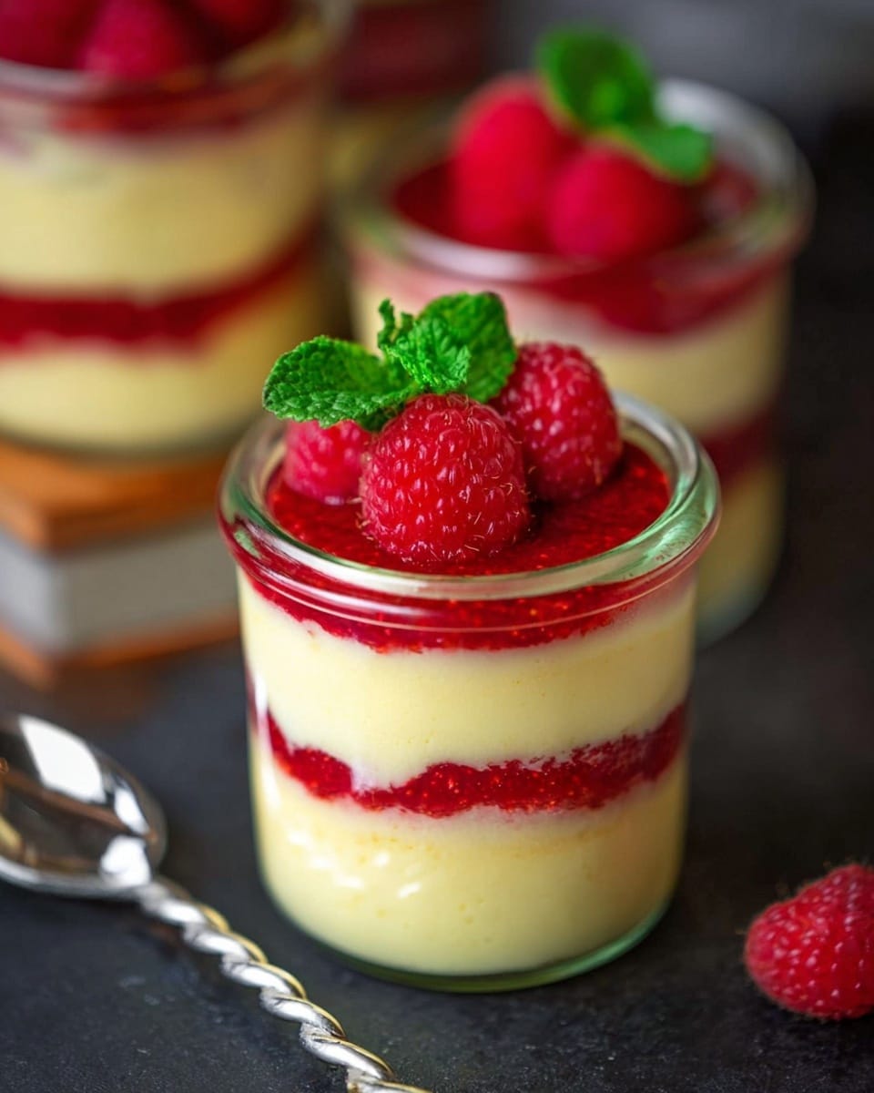 The image shows small glass jars filled with a three-layer dessert. The bottom layer is smooth pale yellow cream, followed by a middle layer of bright red raspberry sauce with visible raspberry pieces, and another pale yellow creamy layer on top. Each jar is topped with two fresh red raspberries and a small sprig of bright green mint leaves. The jars are placed on a dark surface with a twisted silver spoon nearby. The background has a soft blur. photo taken with an iphone --ar 4:5 --v 7