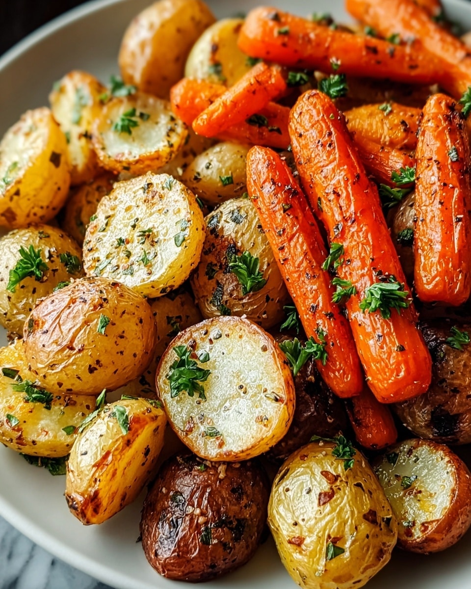 A close-up image of roasted baby potatoes and carrots on a white plate, showing roughly two layers; the bottom layer is made of halved golden-brown baby potatoes with crispy edges and soft white inside, while the top layer consists of whole roasted carrots in bright orange with a slightly shiny, roasted texture; both vegetables are lightly coated in herbs and black pepper flakes, sprinkled with fresh green parsley leaves, all set on a white marbled surface. photo taken with an iphone --ar 4:5 --v 7