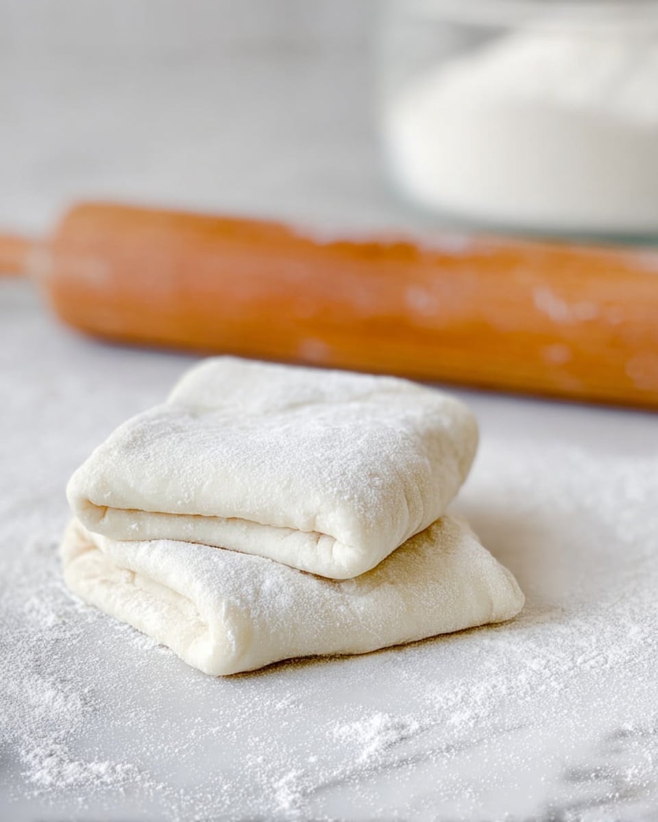 Two folded dough pieces are placed on a white marbled surface dusted with flour. Each dough piece has three visible layers, showing a soft and slightly powdery texture with a pale cream color. In the background, a wooden rolling pin lies horizontally and a transparent container filled with flour is slightly blurred. The scene has a soft, natural light emphasizing the dough's smooth and delicate layers. photo taken with an iphone --ar 4:5 --v 7
