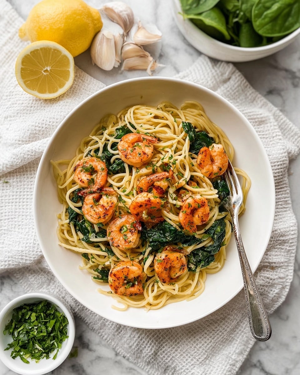 A large gray pan filled with a swirl of cooked spaghetti noodles as the base layer, mixed with bright green wilted spinach leaves scattered evenly throughout. On top, there are many plump shrimp cooked to a light pink-orange color, seasoned visibly with small bits of herbs and spices. Some fresh chopped green herbs are sprinkled over the shrimp and noodles for color and texture. Around the pan, there are white bowls with more fresh spinach, garlic cloves, lemon halves, and chopped herbs on a white marbled surface. Photo taken with an iphone --ar 4:5 --v 7
