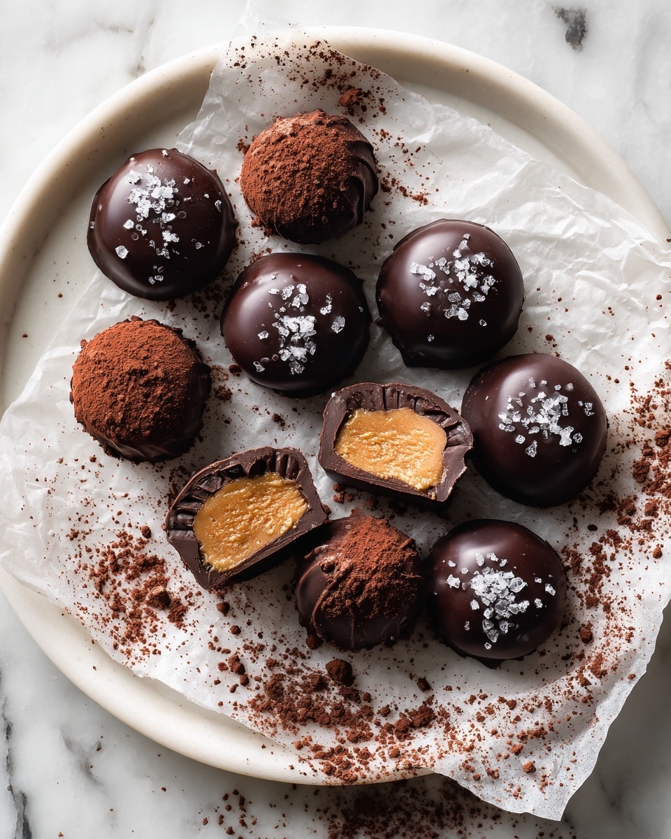 On a round white plate with a white marbled texture beneath, there are several small chocolate treats arranged in a loose circle on crinkled parchment paper; the treats include smooth, glossy dark chocolate-covered pieces, some topped with coarse white salt flakes, and others bitten in half revealing a creamy, light brown peanut butter filling inside; in the center, there are two small, fluted chocolate pieces dusted heavily with cocoa powder, which also lightly spreads around them on the parchment paper, adding a rich brown contrast to the scene. photo taken with an iphone --ar 4:5 --v 7