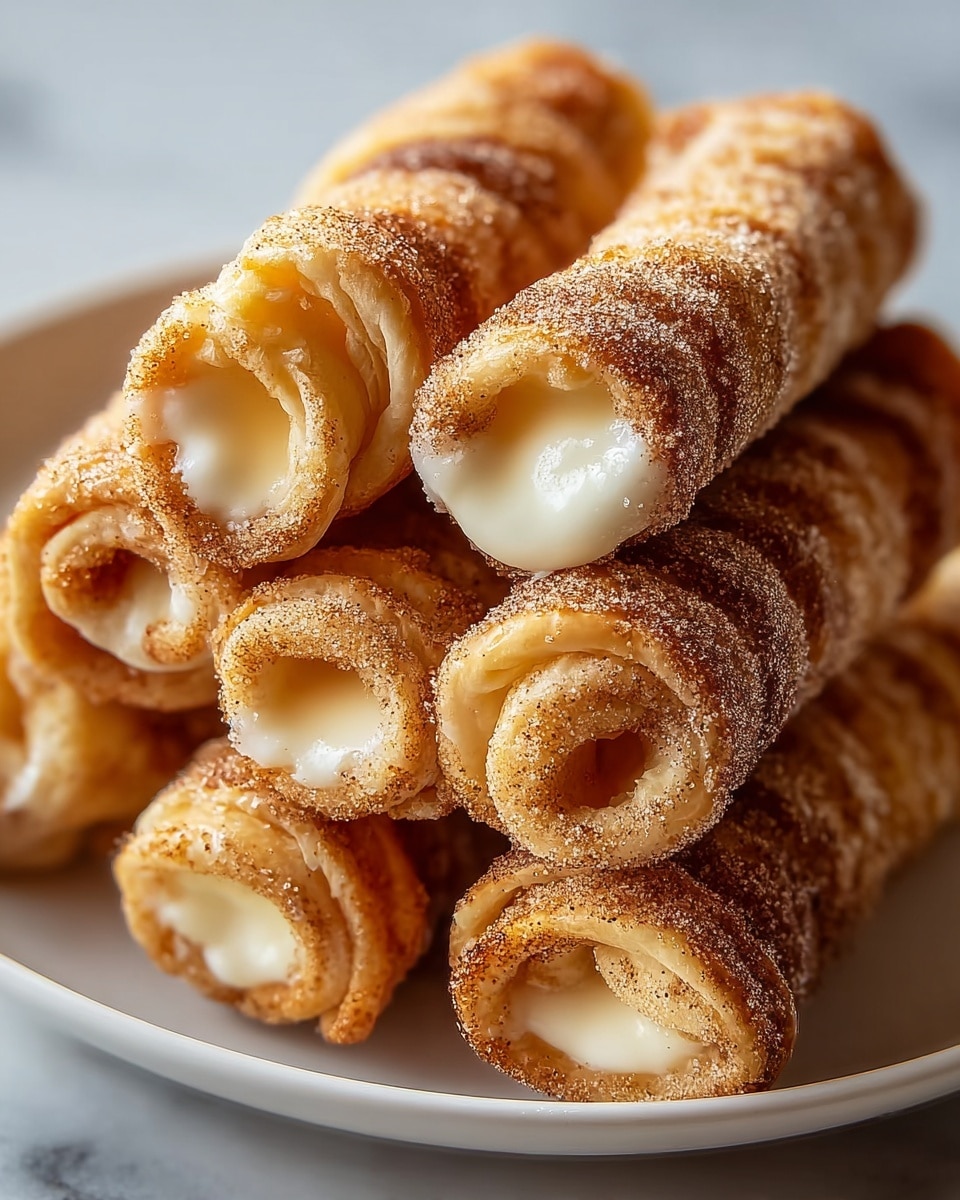 The image shows a close-up of five rolled pastries stacked together on a white plate, placed on a white marbled surface. Each pastry has about six visible spiraled layers of light golden brown dough with a slightly crunchy texture, dusted with a coating of cinnamon and sugar giving a grainy, slightly shiny look. Inside, a creamy, smooth, pale yellow filling is visible at the ends of each roll, slightly oozing out. The pastries look soft on the inside and crisp on the outside, capturing a warm and inviting appearance. photo taken with an iphone --ar 4:5 --v 7