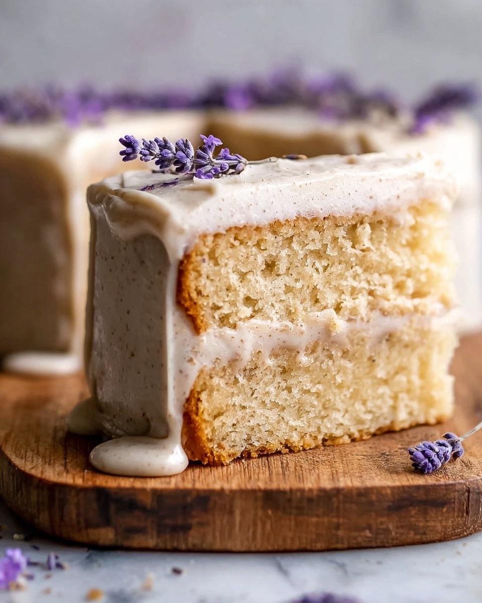 The image shows a close-up of a rectangular slice of light beige cake with a slightly crumbly texture on the bottom two-thirds and a thick, smooth layer of pale lavender frosting on top that drips slightly over the edges. The frosting has a speckled appearance with small darker dots. On top of the frosting, there are small purple flowers and sprigs of darker purple lavender flowers spaced evenly. The cake rests on a wooden board placed on a white marbled surface. In the blurred background, more cake slices with similar decoration and white small bowls with dried lavender can be seen. photo taken with an iphone --ar 4:5 --v 7