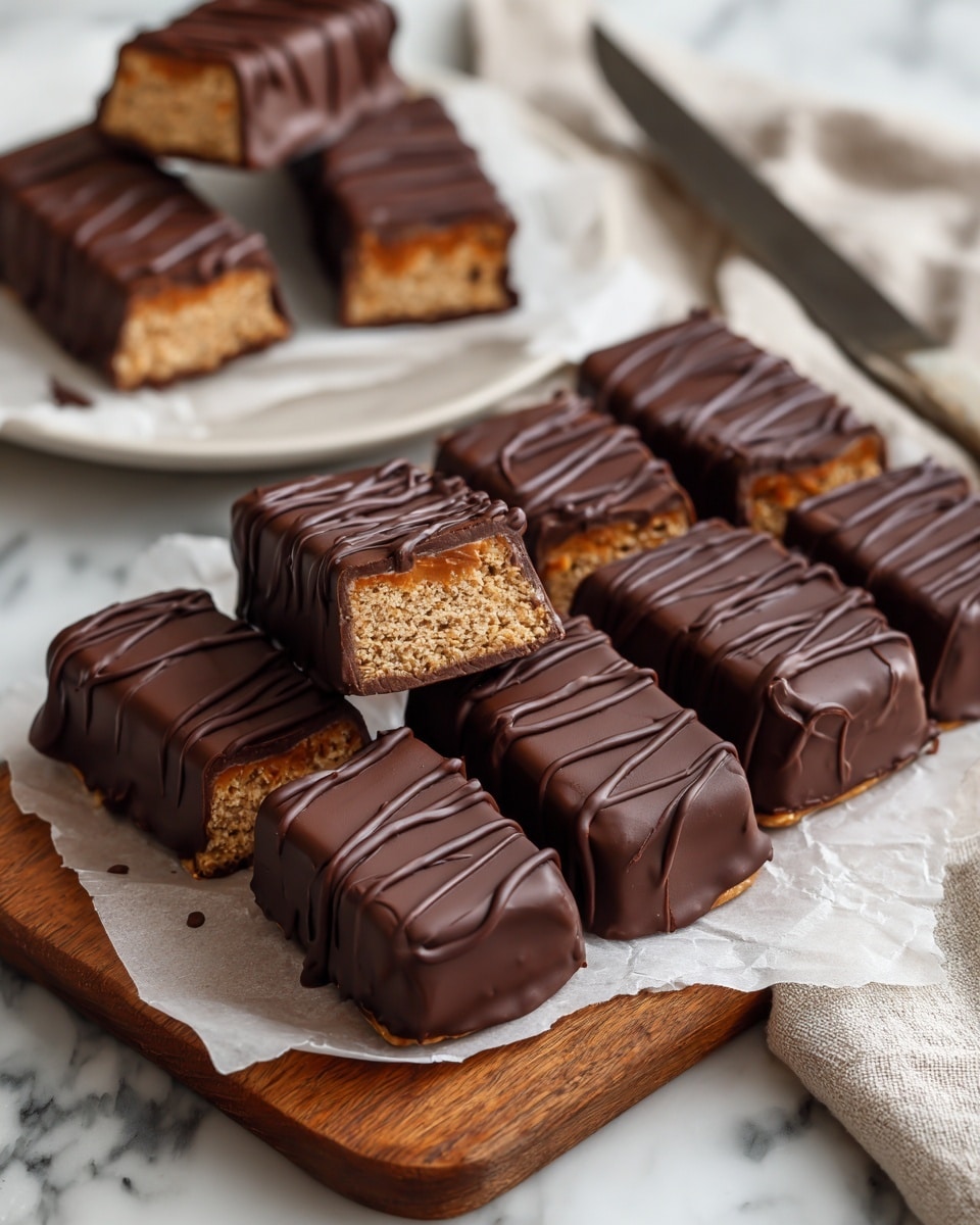 A wooden board holds ten chocolate-covered bars, with five cut in half to show a light tan, crumbly inside layer and five whole bars with a smooth dark brown chocolate layer on top featuring thin chocolate drizzle lines. In the background, more bars and a knife are placed on a piece of brown parchment paper over a white cloth, set on a white marbled surface. The texture of the chocolate coating is rich and glossy, contrasting with the rough, grainy inside. Photo taken with an iphone --ar 4:5 --v 7
