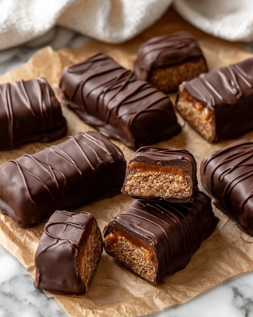 The image shows many small chocolate-covered bars placed on brown parchment paper. Each bar has two layers: a smooth, dark chocolate outer layer with a shiny drizzle on top and a dense, light brown textured filling visible in the bars cut in half or bitten. The bars are arranged loosely, some whole and some cut to show the inside. The background is a white marbled texture with part of a white cloth visible at the edge. Photo taken with an iphone --ar 4:5 --v 7