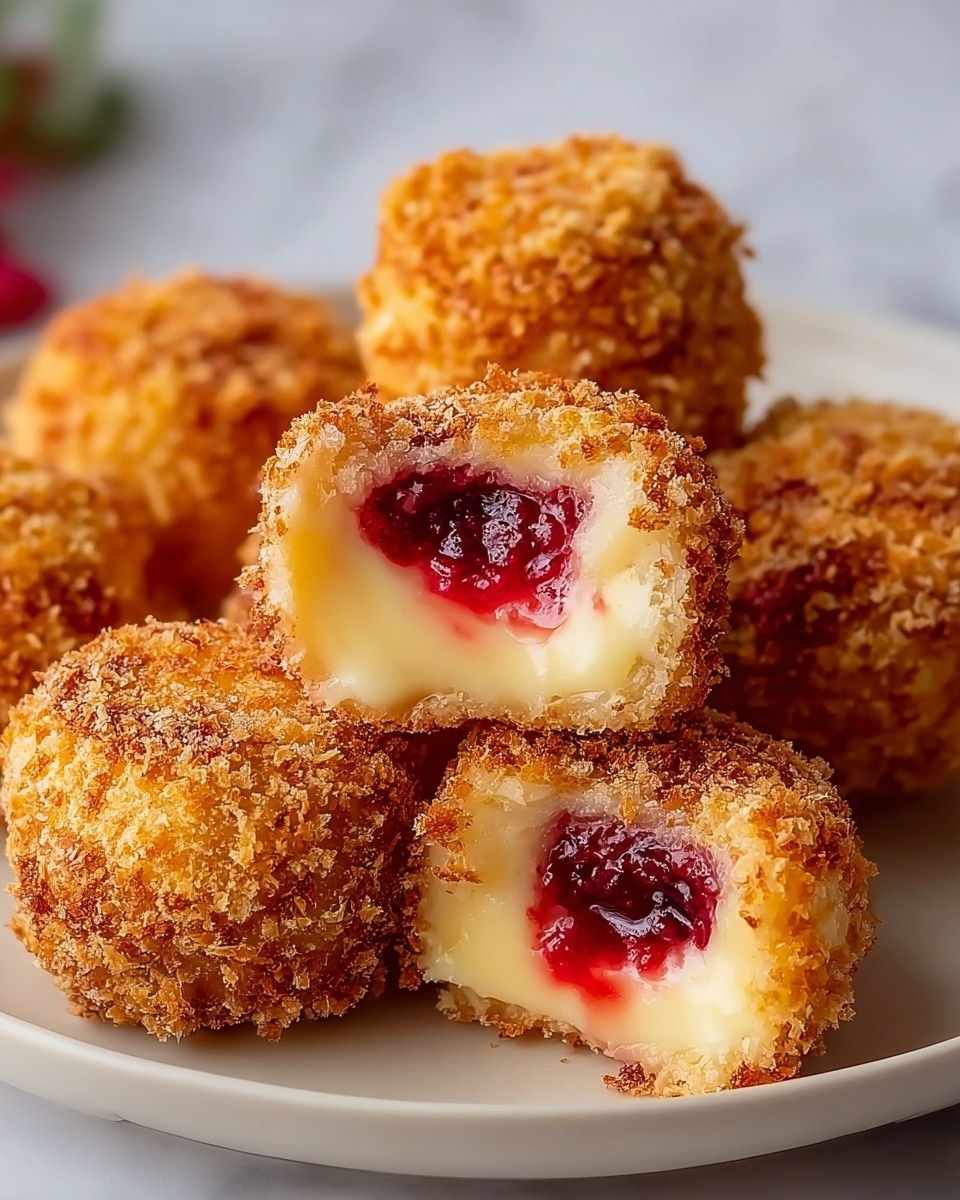 The image shows six round pieces of fried creamy dessert on a white plate. Each piece has a golden brown, crispy outer layer with a rough texture. Inside, the dessert is creamy yellow and smooth, with a bright red jelly or jam filling in the center that looks slightly soft and glossy. Two of the pieces are cut open, showing their creamy filling and red center clearly, while others are whole with a small red spot on top. The plate is placed on a white marbled surface. photo taken with an iphone --ar 4:5 --v 7
