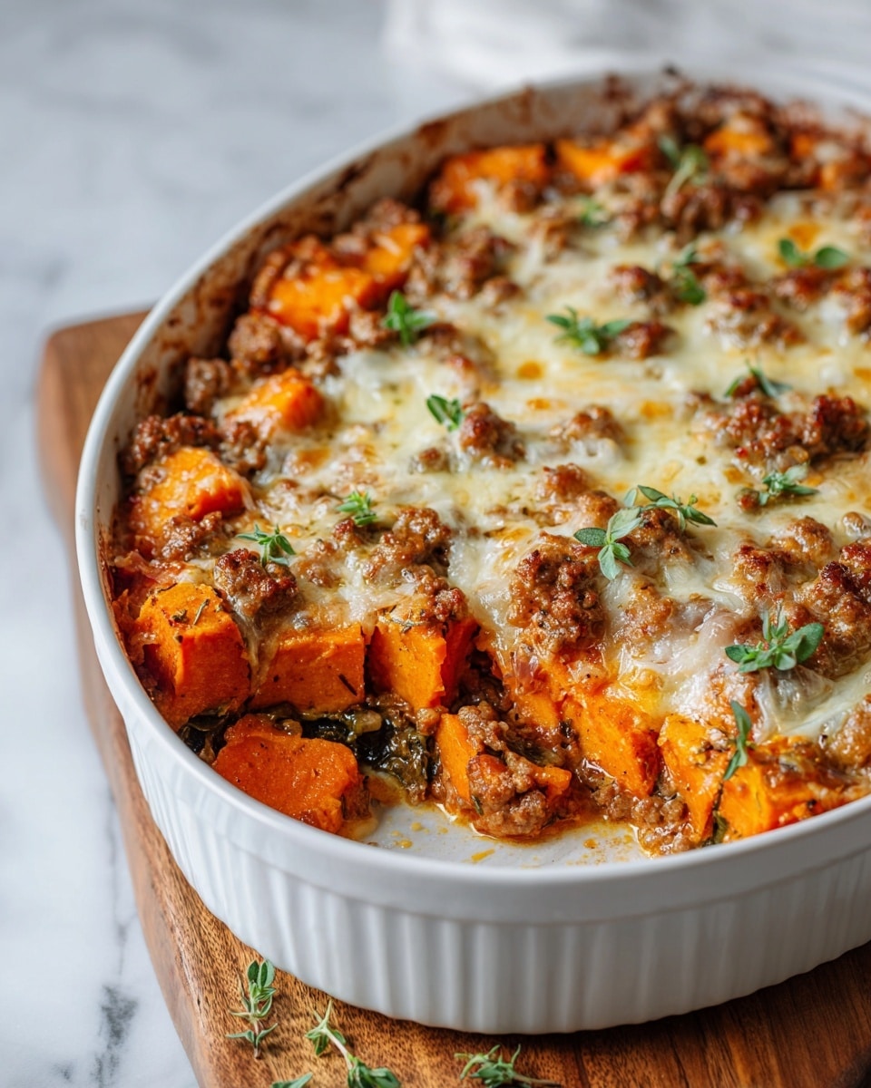 The image shows a white oval baking dish filled with a layered casserole. The bottom layer is made of soft orange sweet potato chunks with a slightly browned, roasted texture. Above the sweet potatoes, there is a layer of browned ground meat, mixed evenly throughout. On top of these layers is a melted cheese layer that is golden and slightly bubbly, covering the dish with some browned spots. The casserole is garnished with small sprigs of fresh green herbs scattered across the top. The dish sits on a wooden board on a white marbled surface. Photo taken with an iphone --ar 4:5 --v 7