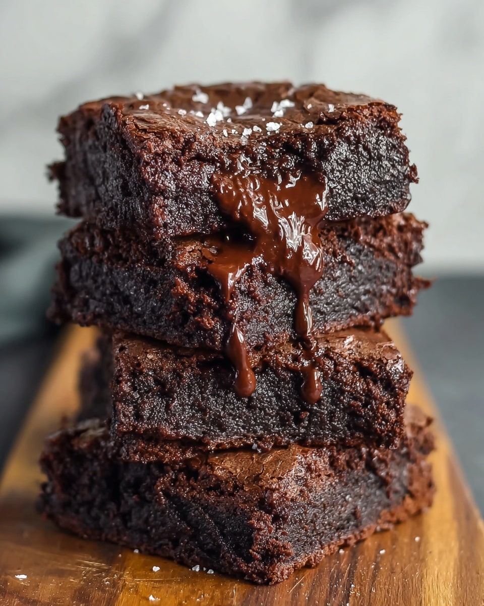 A close-up view of a stack of four thick, square chocolate brownies placed on a wooden board, each layer showing a dense, moist, and rich dark brown texture with melted chocolate dripping down the sides. The top brownie has a slightly cracked surface sprinkled with a few small white flakes, and the gooey chocolate contrasts with the rough edges of the brownies. The background shows a soft focus of a white marbled texture. photo taken with an iphone --ar 4:5 --v 7
