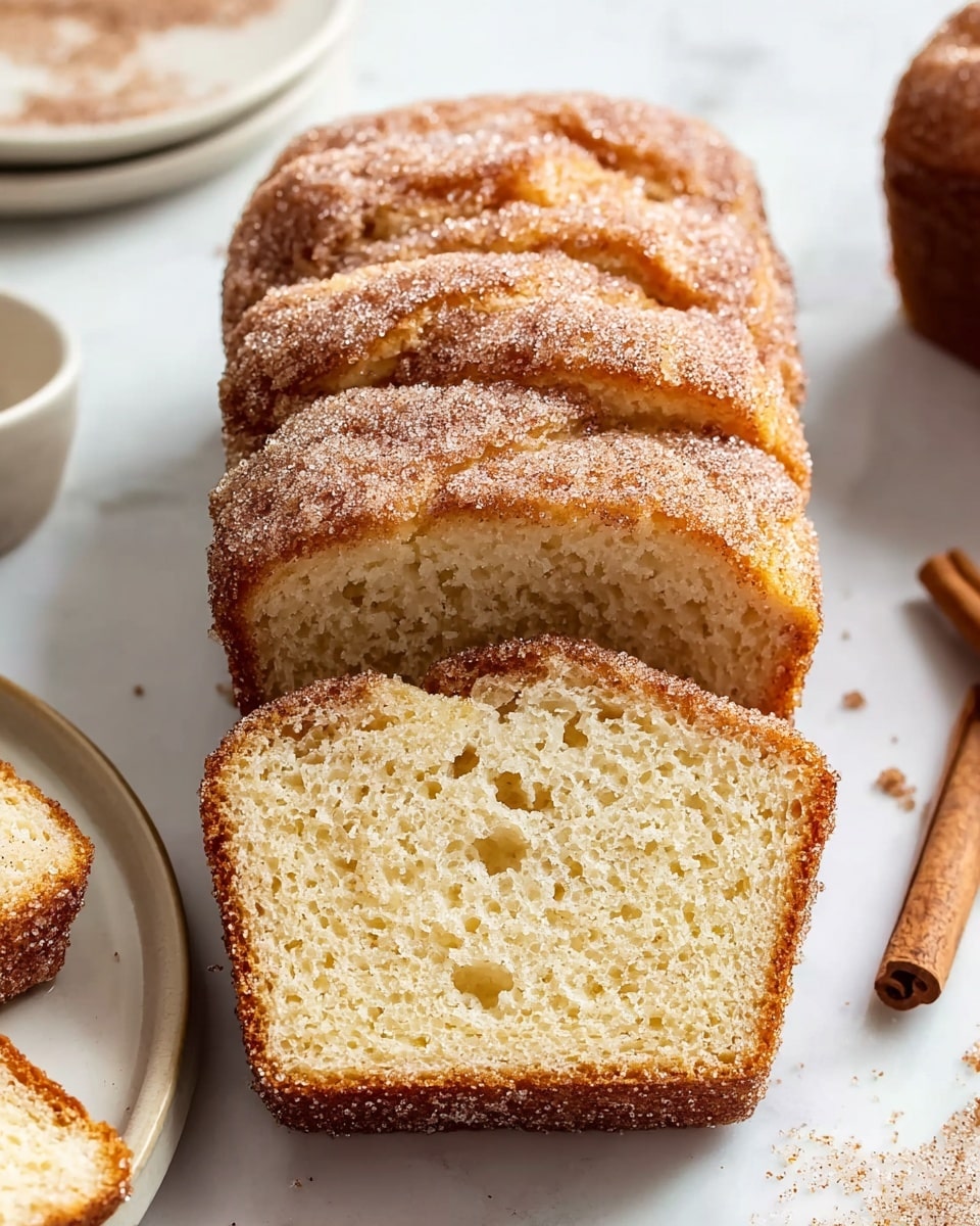 A loaf of cinnamon sugar bread is sliced to show its soft, light beige inside with a moist texture full of small air holes. The top of the loaf has five thick ridges covered in a light brown cinnamon sugar coating that sparkles with sugar crystals. The edges of the bread are slightly darker brown, showing a baked crust. The bread sits on a white marbled surface with some scattered cinnamon sugar nearby and a brown cinnamon stick partially visible on the right side. Part of a white plate with another slice of bread appears on the bottom left, and the corner of another loaf is in the top right corner. photo taken with an iphone --ar 4:5 --v 7
