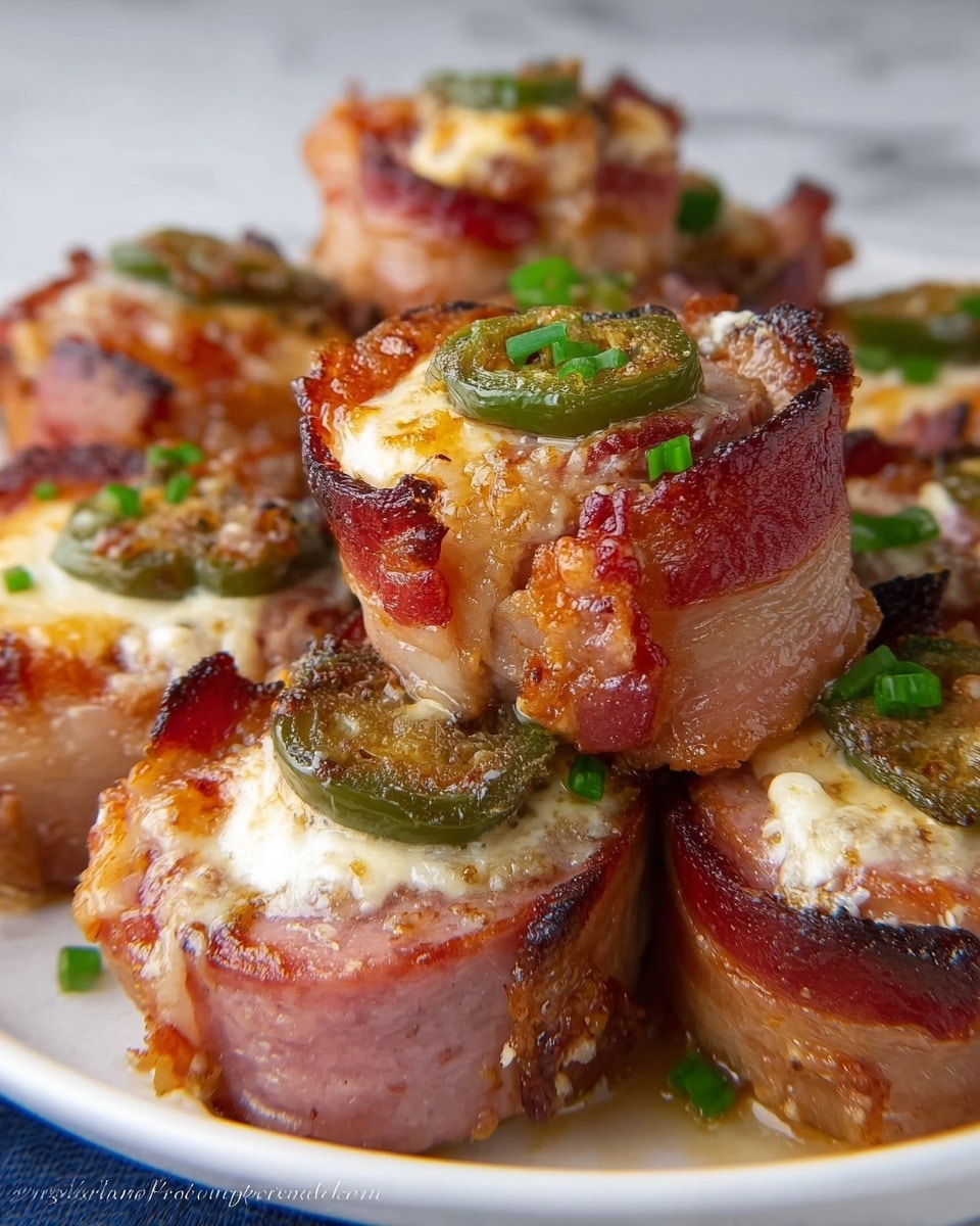 The image shows several small, round bacon-wrapped appetizers stacked closely on a white plate, all set on a white marbled surface. Each piece has three main layers: the bottom bacon layer is crispy and golden brown with a slightly shiny texture; the middle layer is a thick slice of pinkish cooked sausage; the top layer consists of melted white cheese with a slightly browned, bubbly finish and a few green cooked pepper strips placed decoratively on top, adding a contrasting color and texture. The photo is focused sharply on the front pieces, making the layers clear and detailed, while the background is blurred. photo taken with an iphone --ar 4:5 --v 7