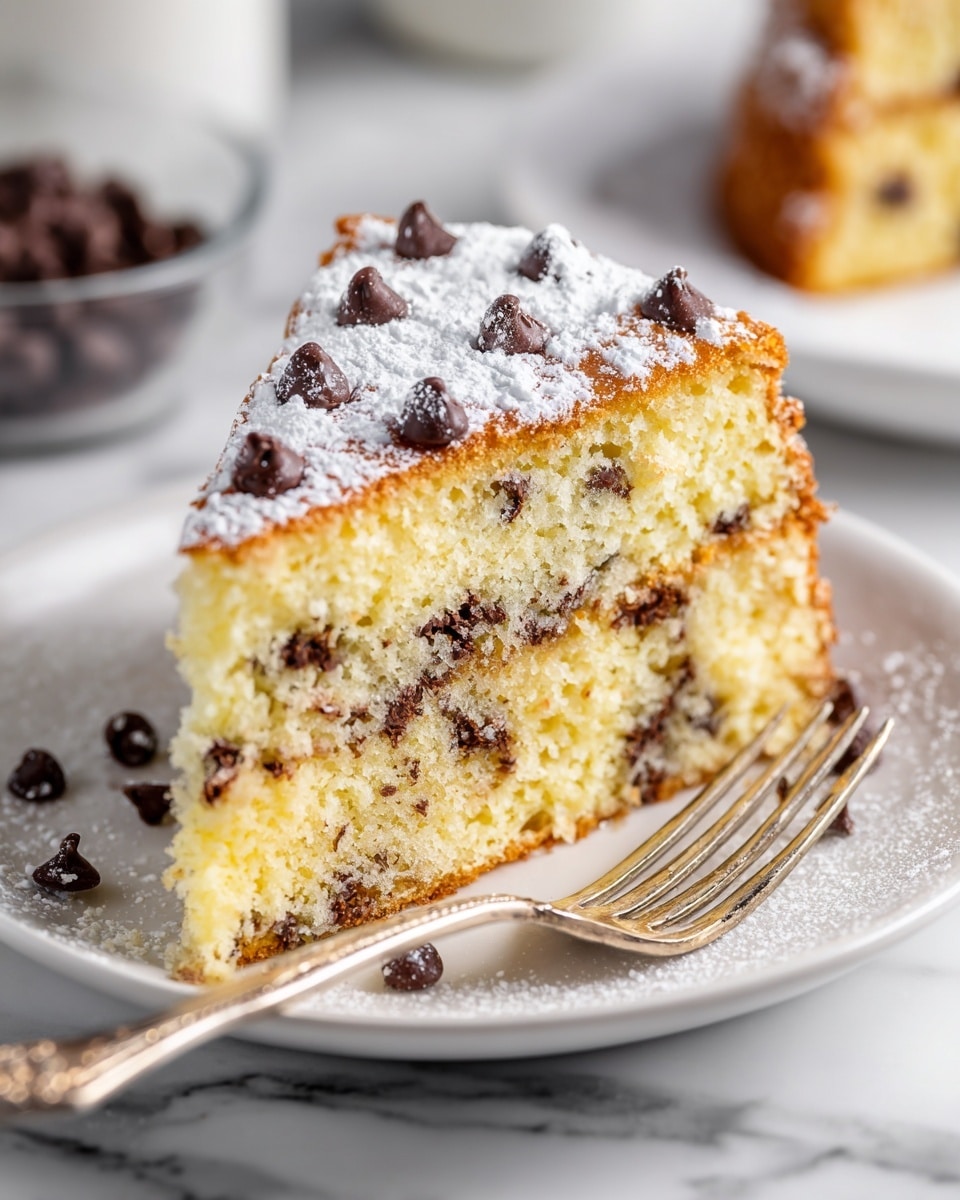 A single thick slice of chocolate chip cake rests on a white plate, showing three layers: the golden-brown top dotted with small dark chocolate chips, a moist light yellow cake middle embedded with chocolate chips, and a similar texture on the bottom. The cake slice has a slightly crumbly texture with visible chocolate chips inside and on top, some dusted with powdered sugar. A fork with a piece of cake is placed in front of the slice, with the cake piece showing the same soft yellow and chocolate chip mix. The white plate sits on a white marbled surface, with a blurred bowl of chocolate chips and more cake in the soft background. Photo taken with an iphone --ar 4:5 --v 7