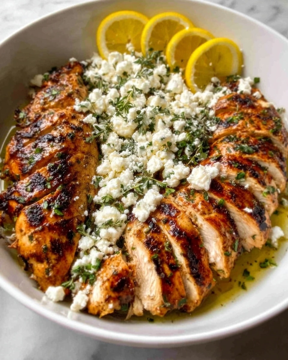 A white bowl filled with sliced grilled chicken breast arranged neatly in a circular pattern, the chicken has a golden-brown and slightly charred texture. On top, there is a layer of crumbled white cheese and small green herbs, creating a fresh contrast. Lemon wedges are placed on the side inside the bowl, adding bright yellow color. The bowl is set on a white marbled surface. Photo taken with an iphone --ar 4:5 --v 7