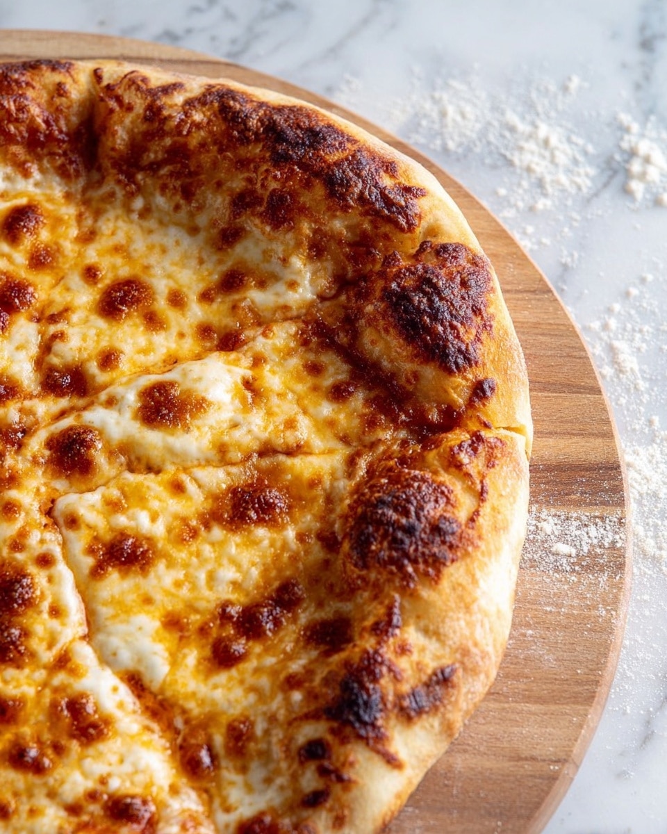 The image shows a close-up of a cheese pizza on a round wooden board. The pizza has one thick layer of golden-brown baked cheese with some darker browned spots on top. The edge of the pizza crust is thick, fluffy, and has a light golden color with darker char marks. The wooden board beneath the pizza sits on a white marbled surface sprinkled with flour. photo taken with an iphone --ar 4:5 --v 7