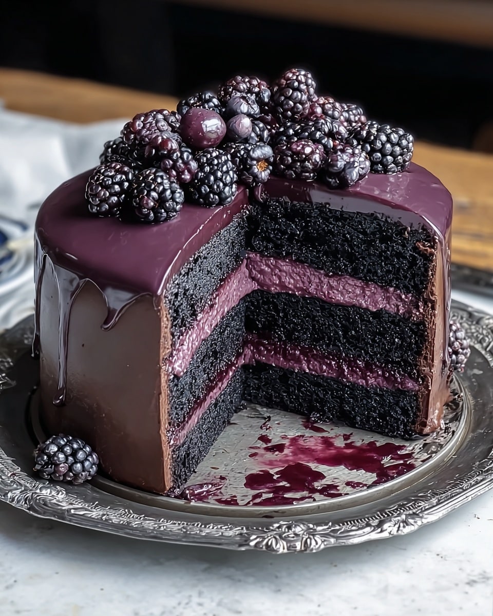 A two-layer dark chocolate cake with a thick, smooth purple berry cream filling between the layers, coated in a shiny deep purple glaze that drips slightly over the sides. The top is decorated with a cluster of fresh blackberries, while a few more blackberries sit on the white plate, which has a delicate floral pattern. There is a silver fork resting on the plate next to the cake with purple glaze smears and crumbs around. The scene is set on a white marbled textured surface with a blurred warm brown background. Photo taken with an iphone --ar 4:5 --v 7