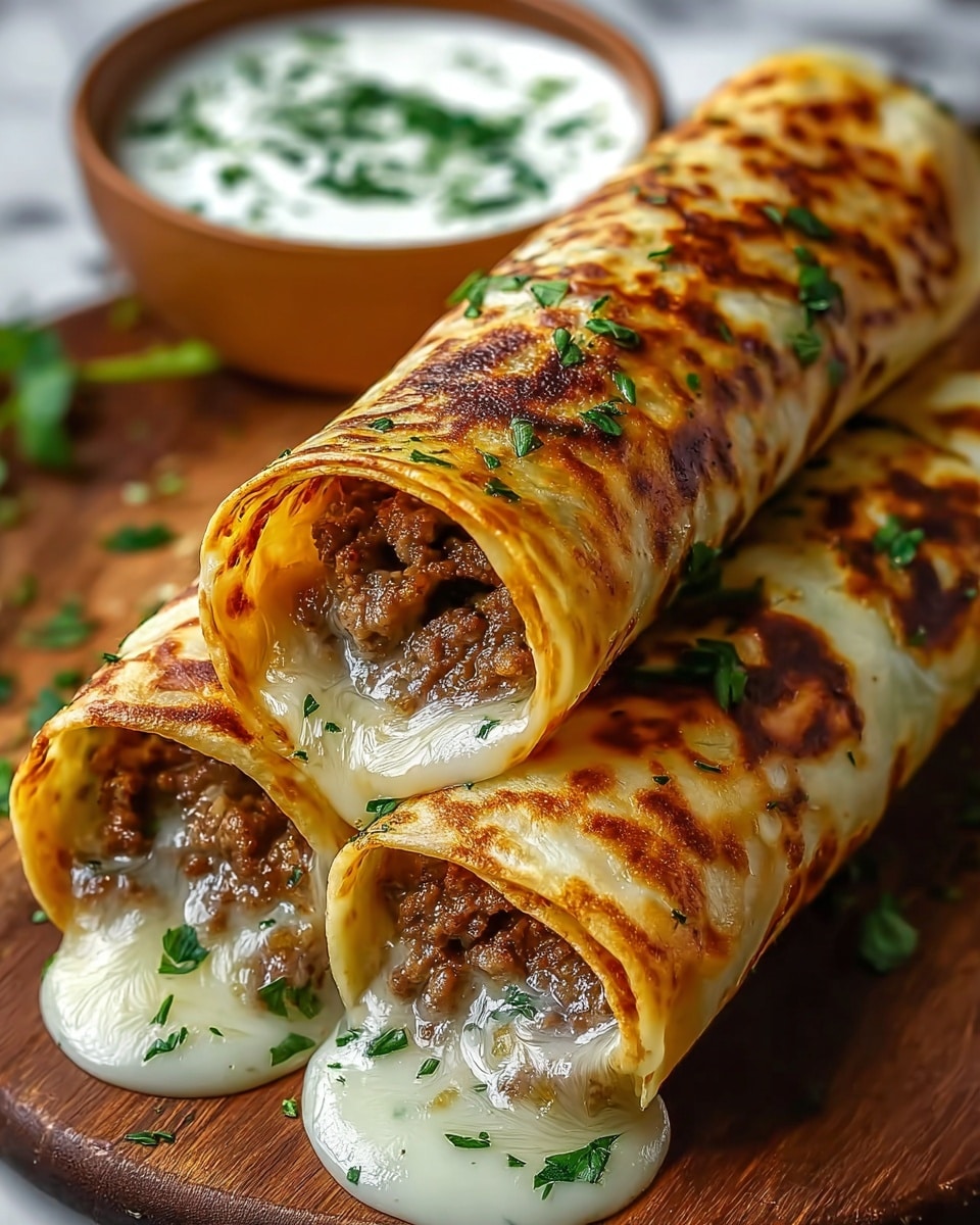 Three rolled crepes stacked together show a golden-brown crispy outside with spots of darker browning, topped with chopped green herbs. Inside each crepe is a visible filling of browned minced meat mixed with white melted cheese, which slightly oozes out at the ends. The crepes rest on a wooden board, with a blurred bowl of white sauce with green herbs in the background, all set on a white marbled surface. photo taken with an iphone --ar 4:5 --v 7