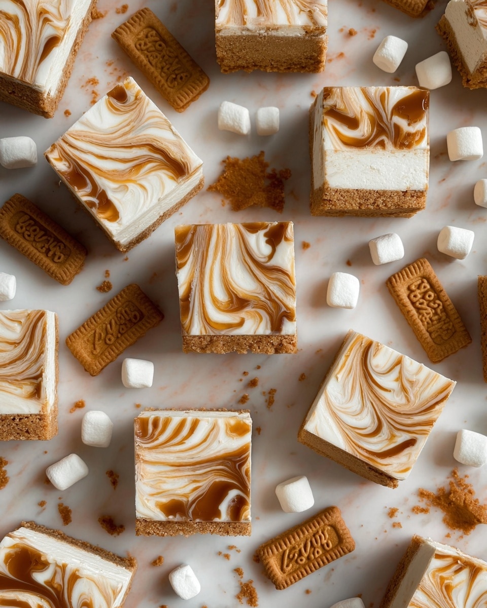The image shows multiple square dessert bars arranged on a white marbled surface. Each bar has two layers: a light beige, crumbly base and a smooth white top layer with a brown, swirled pattern resembling caramel or butterscotch. Scattered around the bars are small white marshmallows and rectangular brown Lotus biscuits, some whole and some broken into crumbs, adding texture and contrast to the scene. The bars are evenly spaced, creating a neat and appetizing display. Photo taken with an iphone --ar 4:5 --v 7