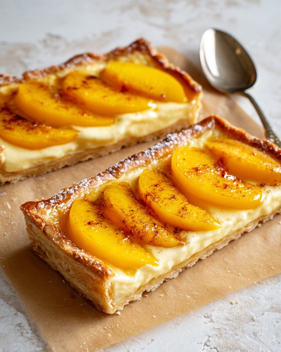 The image shows two pieces of peach tart on a light brown parchment paper over a white marbled surface. Each tart has a base layer of golden, flaky puff pastry that looks crisp and slightly browned on the edges. On top of the pastry is a creamy, pale yellow layer, likely a custard or cream cheese filling. The final layer has two glossy, bright orange peach slices, slightly caramelized and sprinkled with fine cinnamon powder, giving a speckled effect. A silver spoon is partially visible in the upper right corner. Photo taken with an iphone --ar 4:5 --v 7