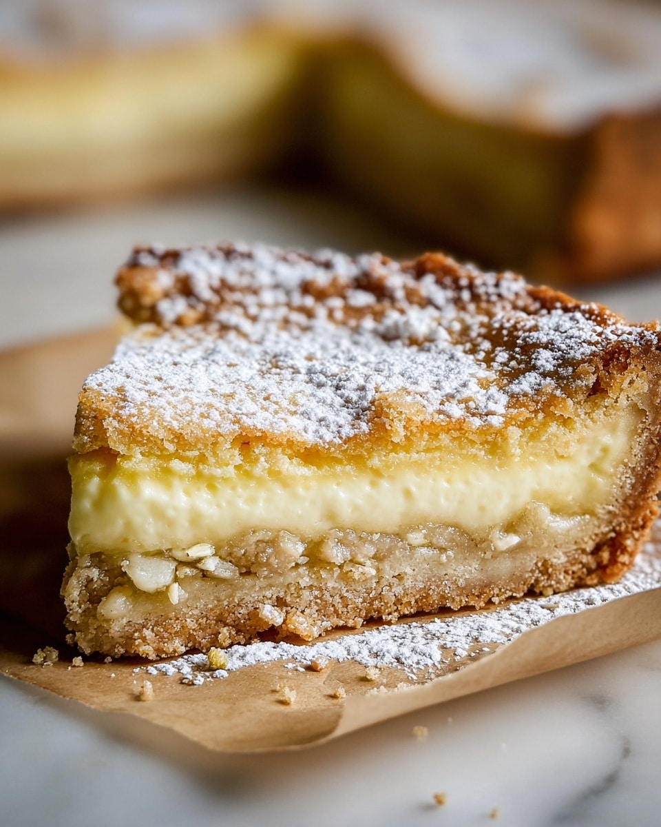 A close-up image shows a slice of soft tart with three clear layers: the bottom and top layers are thick, crumbly, golden crust with small light brown bits inside, while the middle layer is creamy and light yellow, looking smooth and rich; the tart surface is dusted with white powdered sugar. The tart slice sits on beige parchment paper with some scattered crumbs, all placed on a white marbled surface. photo taken with an iphone --ar 4:5 --v 7