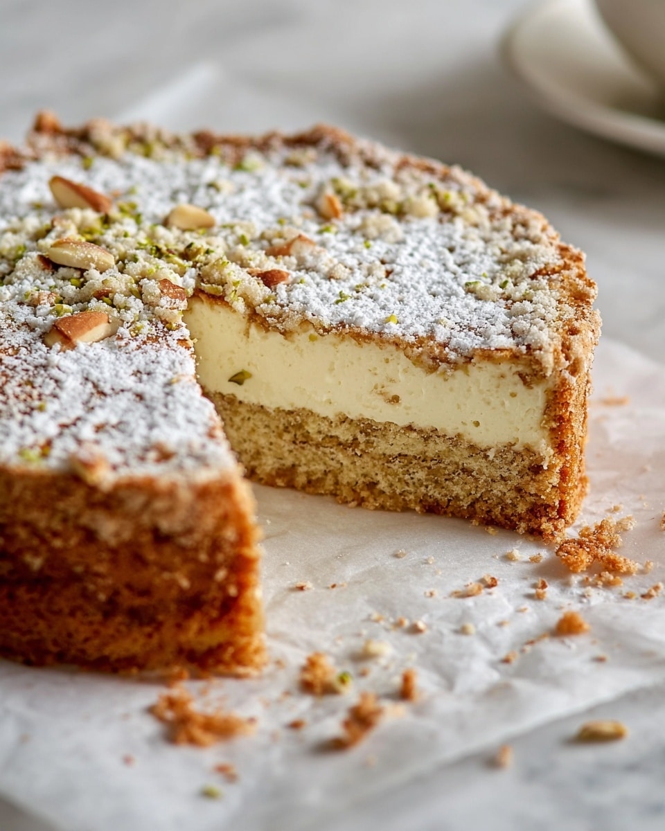 The image shows a round cake with two layers on a white marbled surface. The bottom and top layers are light brown and crumbly with a soft, moist texture. The middle layer is creamy and pale yellow. The top of the cake is sprinkled with powdered sugar and small pieces of chopped nuts, adding some texture and contrast. A small wedge has been cut out from the cake, showing the distinct layers inside, and crumbs are scattered around. The cake is placed on white parchment paper on the white marbled surface. Photo taken with an iphone --ar 4:5 --v 7