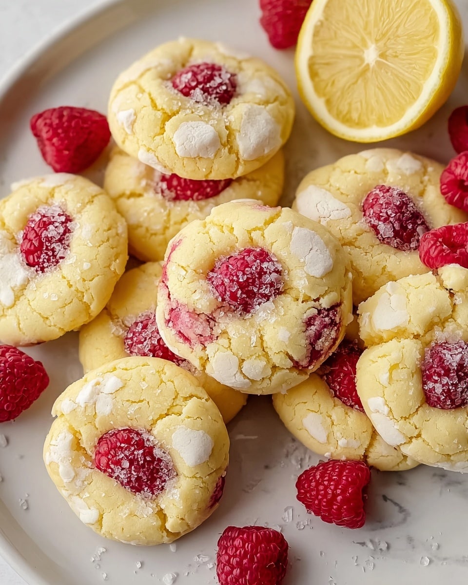 The image shows a group of round lemon cookies with a cracked surface and soft texture, each topped with a few whole red raspberries pressed into the dough. The cookies have a light yellow color with uneven patches of pale dough, and some are sprinkled with coarse sea salt. Fresh whole raspberries are scattered around the cookies, adding bright red color. A half lemon with a smooth yellow peel and visible juicy segments is placed near the cookies. The cookies and fruit sit on a white plate with a subtle rim, all set on a white marbled background. photo taken with an iphone --ar 4:5 --v 7
