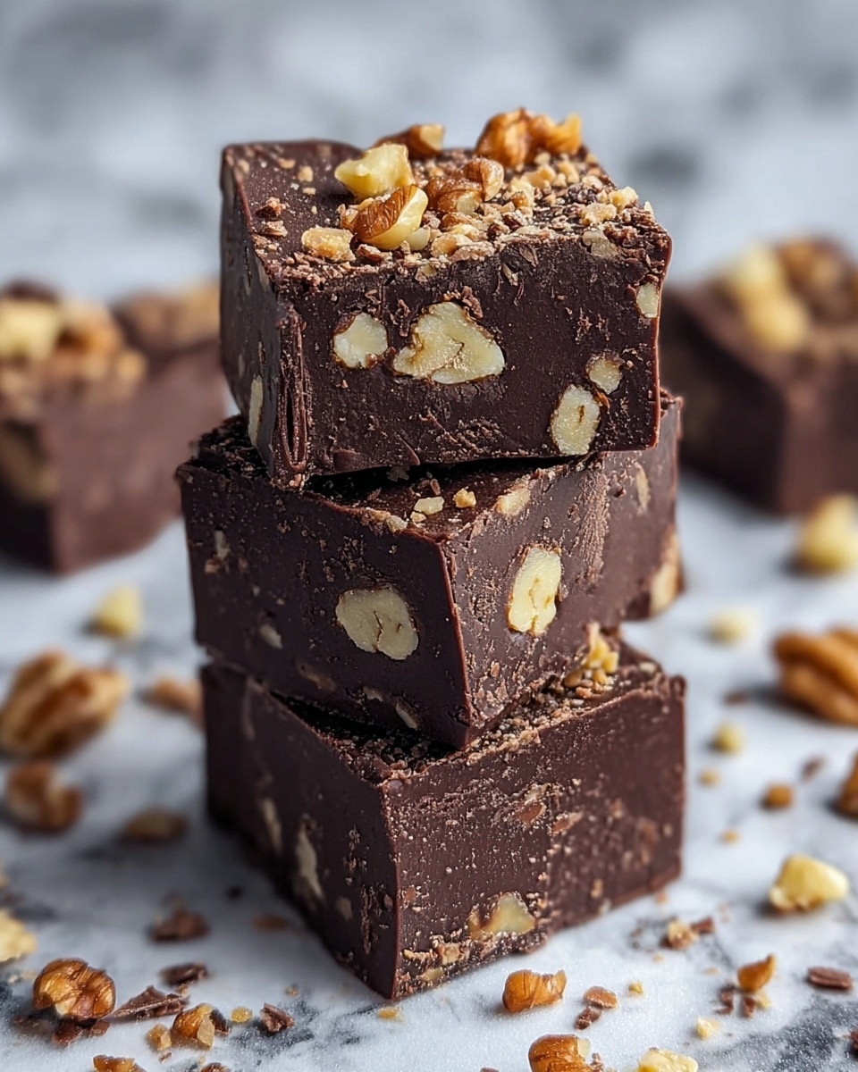 Three thick square pieces of dark chocolate fudge are stacked on top of each other on a white marbled surface. Each piece shows a rich, smooth texture mixed with small and large beige walnut pieces inside and on top. The top fudge square has a rough edge and is sprinkled with crushed nut bits, giving a crunchy look. Around the stack, more walnuts and chocolate crumbs are scattered, adding detail to the scene. Photo taken with an iphone --ar 4:5 --v 7