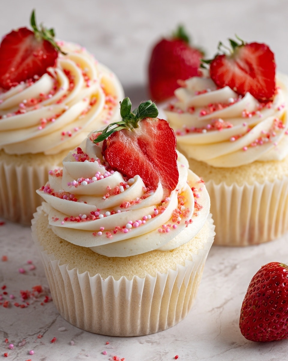 The image shows three vanilla cupcakes each in white cupcake liners placed on a white marbled texture. Each cupcake has a swirl of white frosting on top, covered with small pink and red crumb sprinkles that add texture and color contrast. On the top center of each cupcake is a halved bright red strawberry with green leaves, adding a fresh and vibrant touch. The cupcakes are arranged closely together, with a few whole strawberries softly visible in the background. The overall look is bright and inviting, capturing the detail in the frosting swirls and the texture of the strawberry crumbs. Photo taken with an iphone --ar 4:5 --v 7