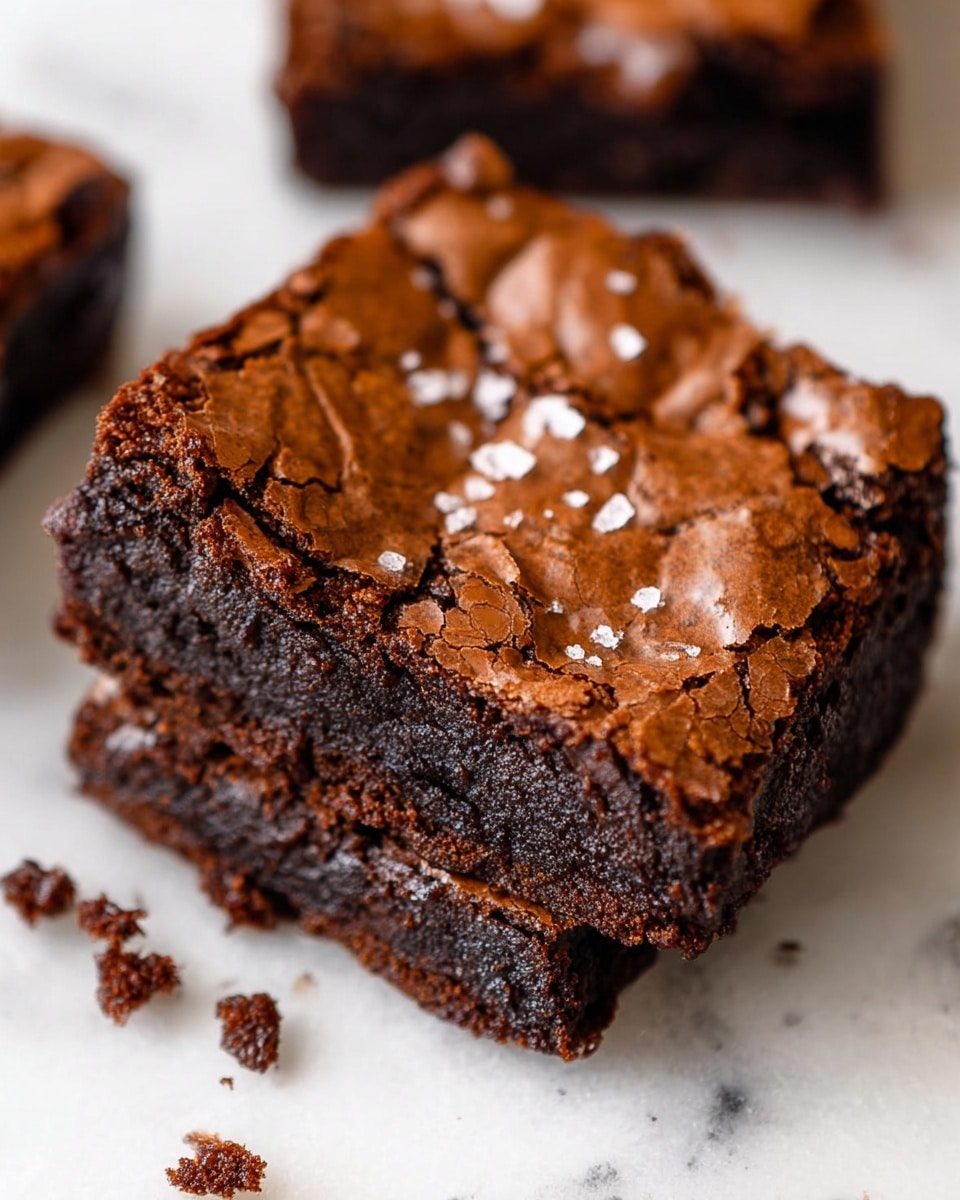 The image shows a close-up of a rich chocolate brownie with a cracked, shiny top layer in dark brown color sprinkled with coarse sea salt. The brownie has two visible layers: the top layer is dry and crispy with cracks, while the bottom layer looks moist and dense with a deep dark chocolate hue. The edges are firm, holding the shape well. There are some brownie crumbs scattered around on the white marbled surface beneath it. Another brownie piece can be seen blurred in the background. photo taken with an iphone --ar 4:5 --v 7