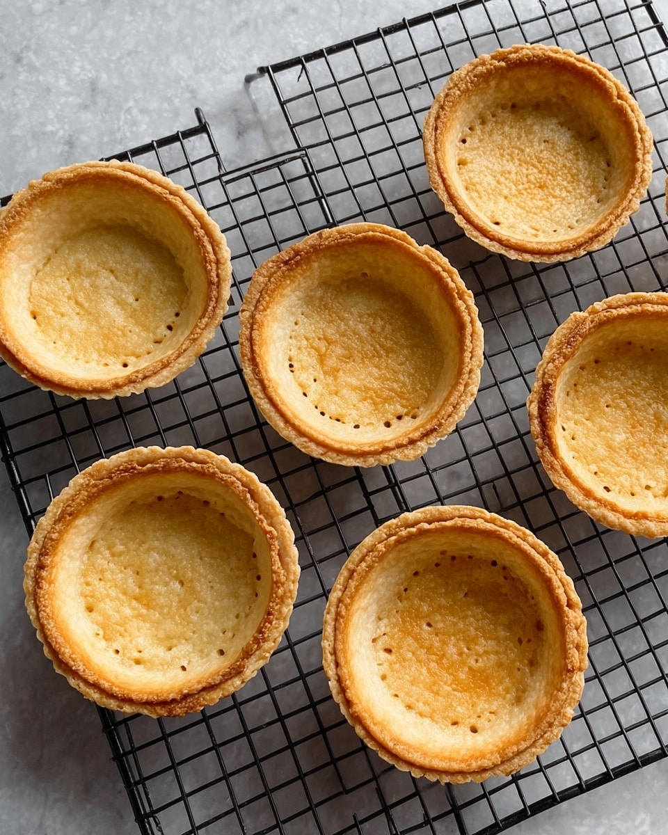 Six round tart shells with a golden-brown crust are placed on a black wire cooling rack over a white marbled surface. Each tart shell has a slightly raised edge with a layered, flaky texture and small fork holes evenly spread at the base. The colors range from light beige in the center to a deeper golden hue around the edges, showing a perfectly baked crust that looks crisp yet soft. The shells are arranged loosely in two rows, with natural light casting soft shadows around them. Photo taken with an iphone --ar 4:5 --v 7