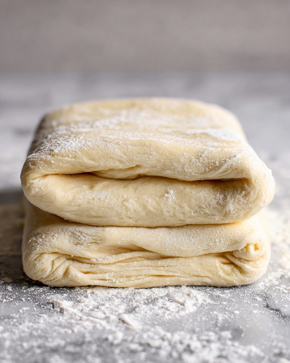The image shows two thick layers of pale dough folded neatly on top of each other, each layer showing soft, slightly uneven textures with some flour dusted lightly all around and on the dough itself. The dough layers have a smooth surface with subtle ripples and a soft cream color. They are placed on a white marbled texture background lightly sprinkled with flour, creating a baking preparation scene. photo taken with an iphone --ar 4:5 --v 7