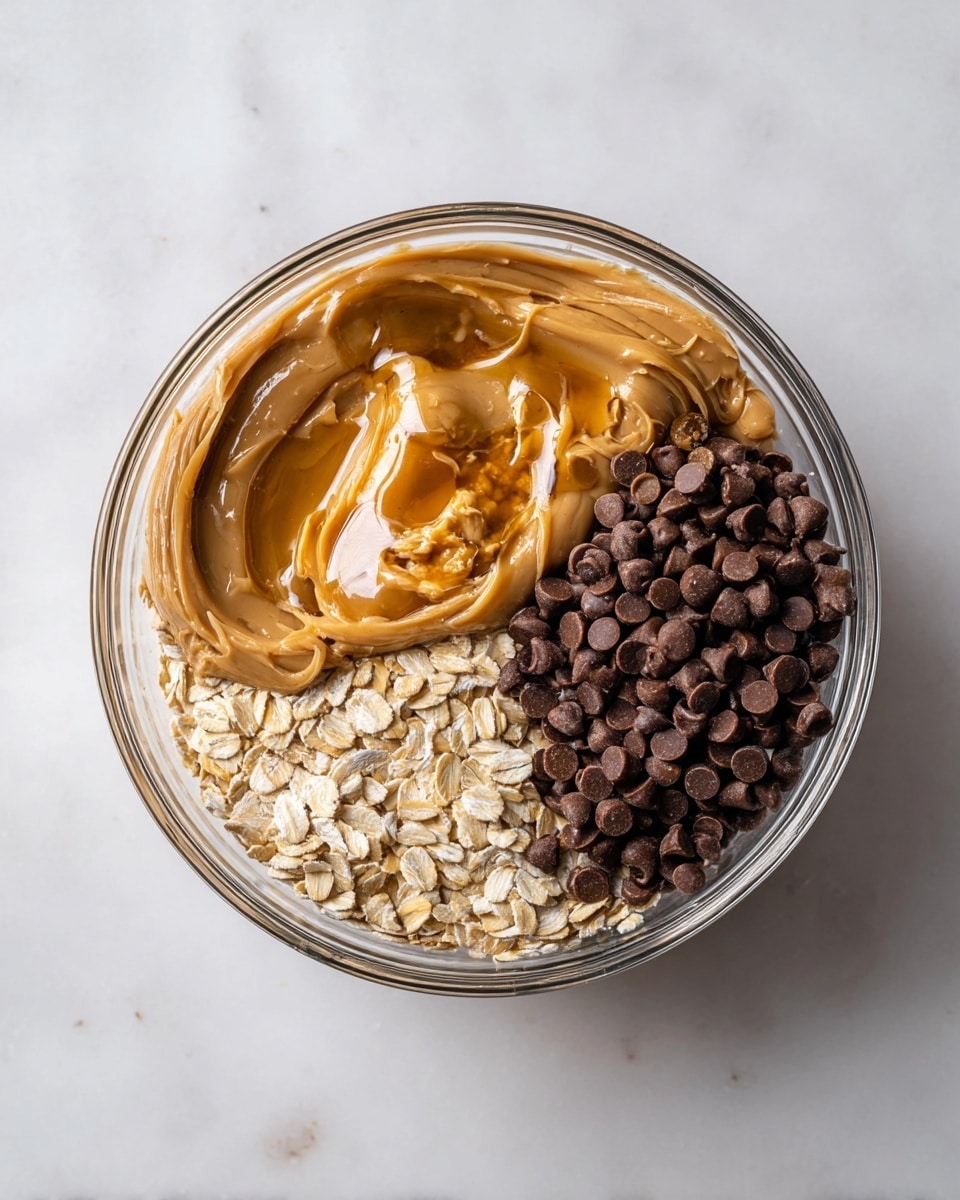 A clear glass bowl filled with three visible layers of ingredients, arranged side by side in sections. On the bottom left, there are light beige rolled oats with a dry and flaky texture. Above and to the right of the oats, there is a smooth, creamy layer of light brown peanut butter, swirled with some shiny golden caramel drizzled on top. The right section is filled with small, round dark brown chocolate chips. The bowl sits on a white marbled texture background. photo taken with an iphone --ar 4:5 --v 7