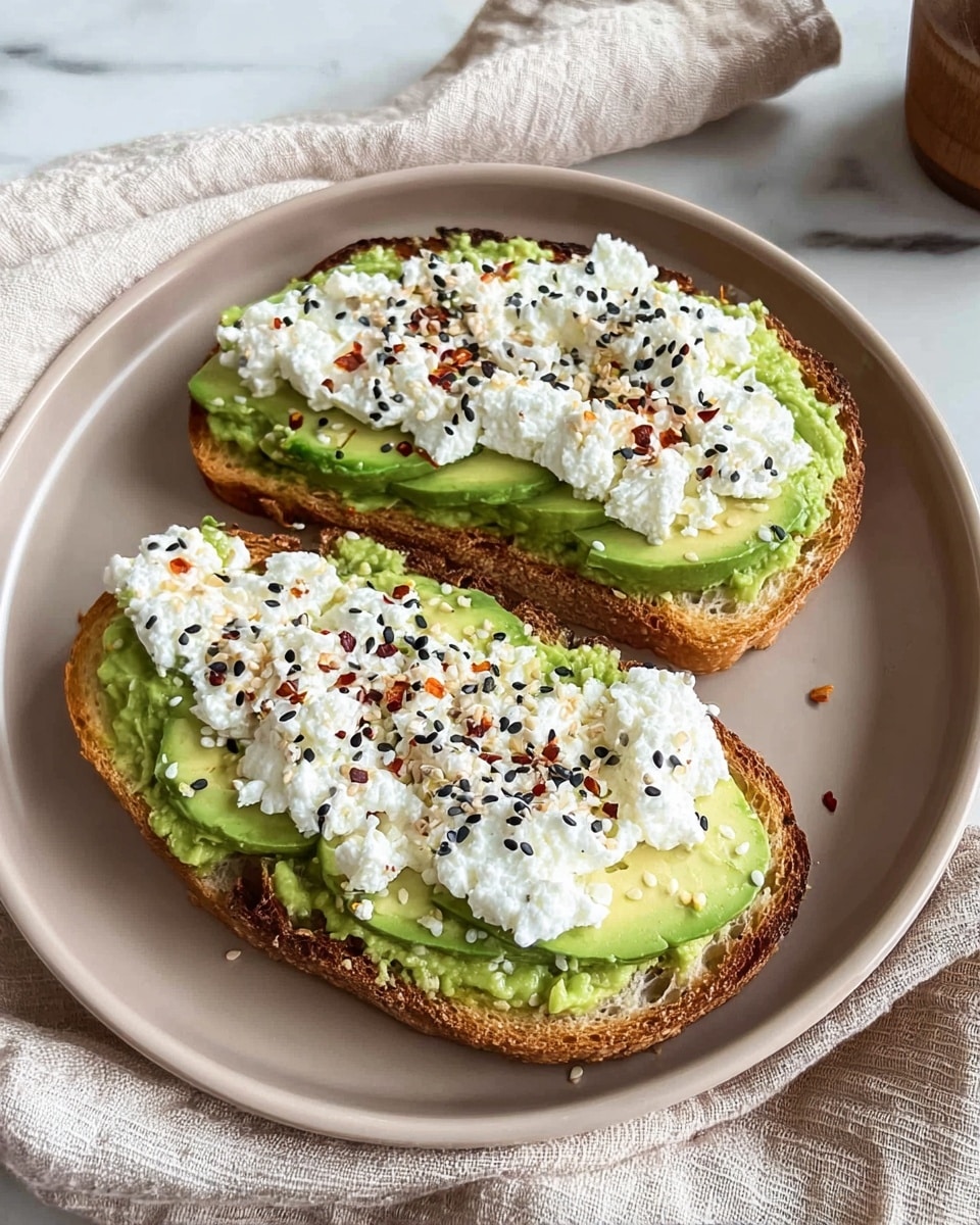 Two slices of toasted bread with creamy green avocado spread as the first layer, topped with a thick layer of white cottage cheese sprinkled with black and white sesame seeds and red chili flakes, all placed on a white plate with a soft beige cloth in the background, the surface is a white marbled texture, photo taken with an iphone --ar 4:5 --v 7