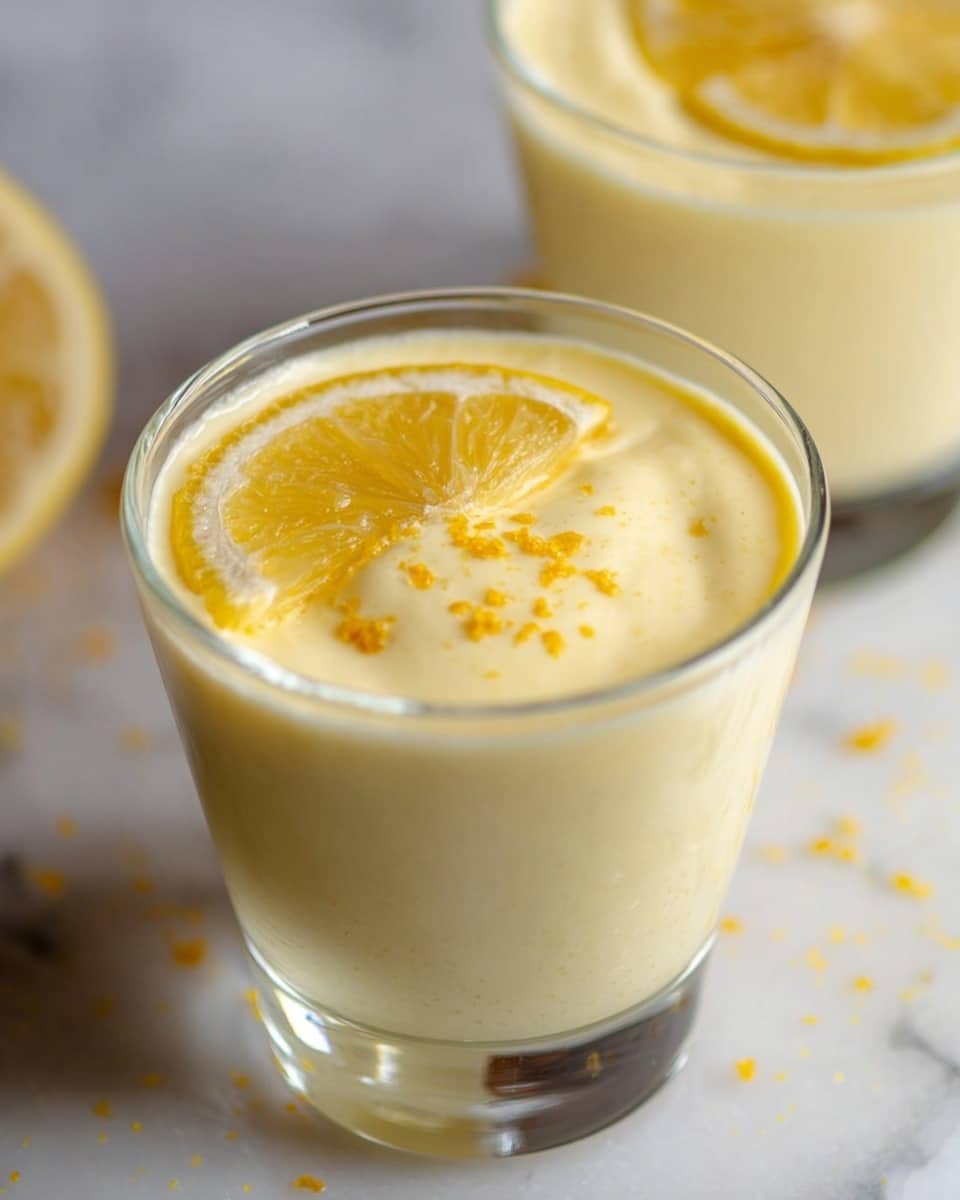 A clear glass filled with a smooth, creamy pale yellow drink topped with two thin, overlapping lemon slices showing bright yellow and light translucent textures with white pith edges, the drink surface has small bubbles and a soft glossy sheen; the glass is on a white marbled surface. photo taken with an iphone --ar 4:5 --v 7
