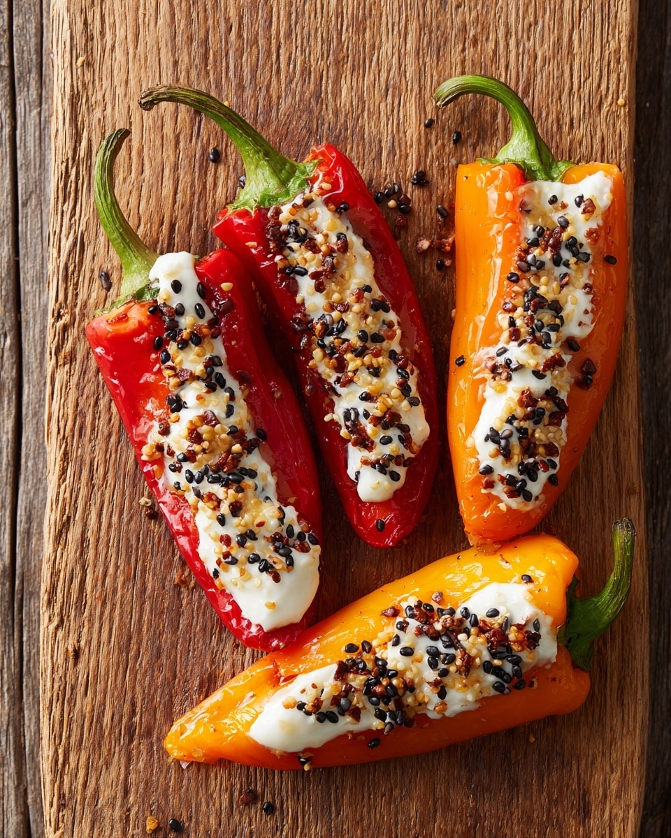 The image shows a wooden cutting board placed on a white marbled surface with a textured green cloth underneath. On the board, there are ten small mini bell pepper halves, each filled with a creamy white cheese mixture, topped with black sesame seeds and small pieces of nuts, giving a speckled look. The mini bell peppers come in different colors including red, yellow, and orange, and are neatly arranged close to each other on the cutting board. In the background, a black baking tray holds more stuffed mini peppers, slightly out of focus. The scene has a bright and fresh feel with vibrant colors. Photo taken with an iphone --ar 4:5 --v 7