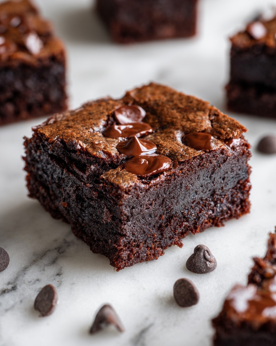 The image shows a close-up of a square chocolate brownie, rich and dense with a moist texture. The brownie has one main layer of dark brown cake with small chocolate chips melted on top, creating shiny, smooth spots. The surface is slightly glossy and textured with some small cracks. Around the brownie, more pieces are visible on a white marbled surface, with scattered chocolate chips. photo taken with an iphone --ar 4:5 --v 7