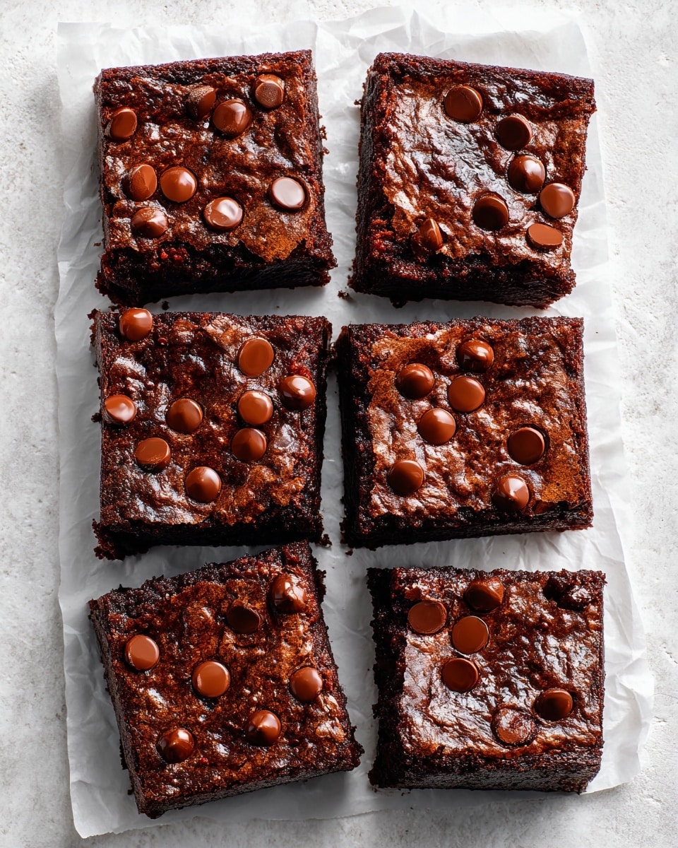 Six square pieces of dark chocolate brownies are placed in two vertical columns on white parchment paper over a white marbled surface. Each brownie has a smooth, glossy, dark brown top layer studded with shiny milk chocolate chips that add texture and spots of light brown color. The edges of the brownies show a slightly rough, dense chocolate base layer beneath the glossy top. The brownies are neat squares, with the chocolate chips unevenly distributed on top, giving a rich and inviting look. photo taken with an iphone --ar 4:5 --v 7