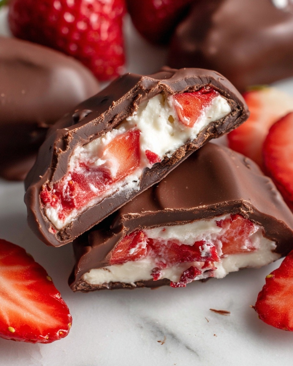 The image shows a close-up of chocolate-covered treats cut in half to reveal three layers: a smooth, dark chocolate outer shell, a thick white creamy filling in the middle, and bright red pieces of strawberries mixed inside the creamy layer. The chocolate shell has a slightly shiny texture, while the creamy center looks soft and fluffy. The strawberry pieces are juicy and scattered throughout the filling, adding a pop of color. The treats rest on a white marbled surface, with some whole and sliced fresh strawberries nearby. Photo taken with an iphone --ar 4:5 --v 7