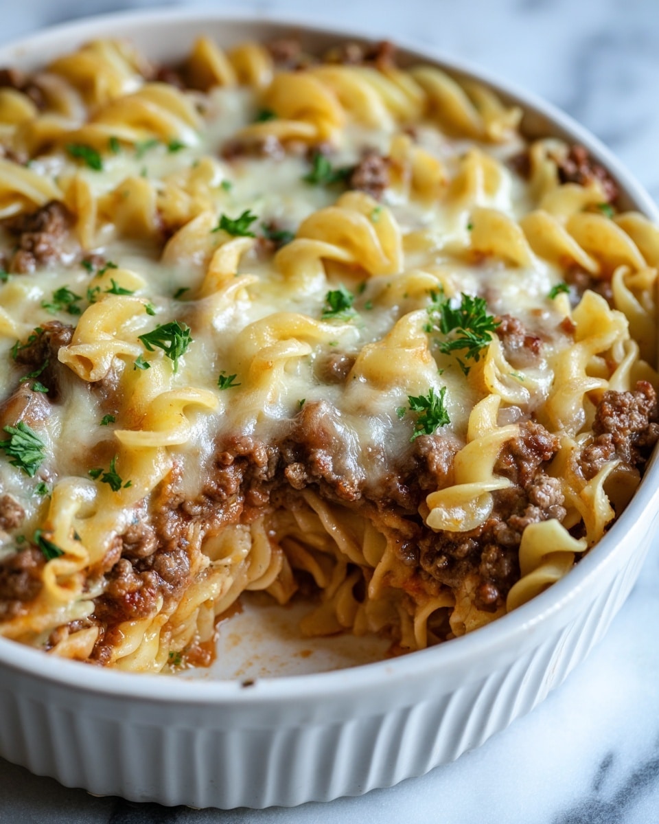 A close-up image of a baked pasta dish in a white round ceramic dish with ridged sides, placed on a soft grey cloth over a white marbled surface. The dish shows multiple layers: the bottom layer is saucy ground beef with a rich brown color, followed by a layer of folded, wide egg noodles that are creamy beige and slightly browned on edges from baking. On top, there is a melted cheese layer with a mix of white and yellow cheddar cheese, melted smoothly and slightly bubbly, scattered with small bits of fresh green parsley as garnish. The pasta edges curl up slightly, and the cheese has golden spots from baking heat. The dish fills the frame warmly, showing texture and melted cheese shine. Photo taken with an iphone --ar 4:5 --v 7