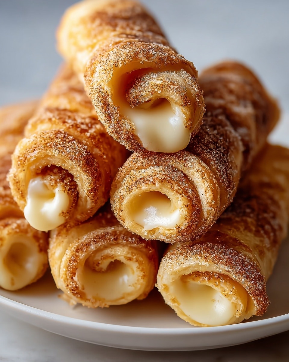 The image shows several golden-brown rolled pastries stacked on a white plate. Each pastry has visible layers of crispy dough wrapped around a smooth, creamy white filling that peeks out at the ends. The outer dough is lightly dusted with cinnamon sugar, giving it a textured, slightly grainy look. The pastries have a soft sheen, indicating they are fresh and slightly glazed. The white plate sits on a white marbled surface. photo taken with an iphone --ar 4:5 --v 7
