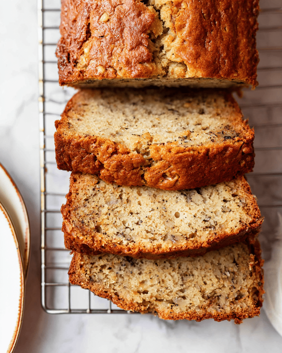 The image shows a close-up of a sliced banana bread loaf on a cooling rack over a white marbled surface. The bread has four visible thick slices with a golden-brown, slightly textured crust on top. The inside is moist with a light brown color, speckled with darker bits from the banana and nuts, giving it a soft, slightly crumbly texture. The background shows part of a white plate with a brown rim on the left side. Photo taken with an iphone --ar 4:5 --v 7