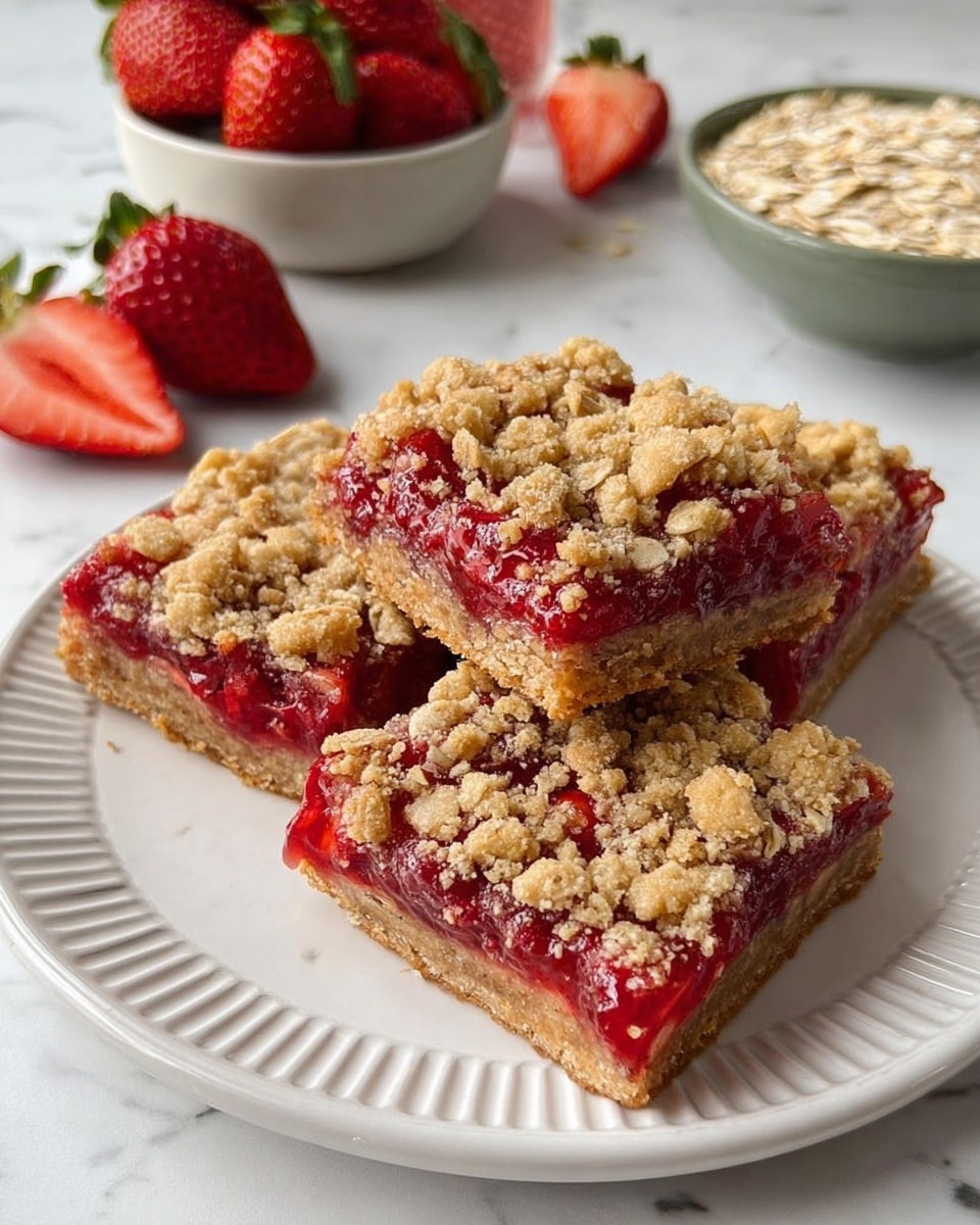 The image shows three square strawberry crumb bars placed on a white plate with a ridged edge. Each bar has three visible layers: the bottom crust is light brown and firm, the middle layer is a bright red strawberry filling with a slightly glossy, juicy texture, and the top layer is a crumbly, golden-brown oat streusel with small oat flakes scattered throughout. The background is a white marbled surface with a bowl of fresh strawberries, a bowl of oats, and two halved strawberries nearby. Photo taken with an iphone --ar 4:5 --v 7