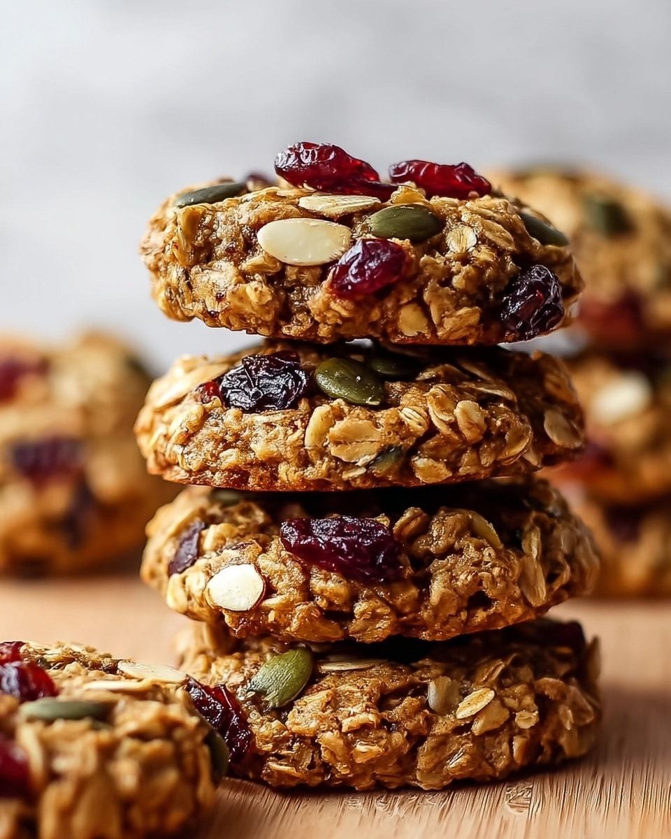 A close-up image of a stack of four oatmeal cookies with a rough texture, showing visible rolled oats, dark green pumpkin seeds, pale beige slices of almonds, and glossy dark red dried cranberries scattered on the top and sides. The cookies are golden brown with a crunchy look and are stacked unevenly on a light wooden surface. The background is softly blurred with more cookies faintly visible on a white marbled texture. The photo taken with an iphone --ar 4:5 --v 7