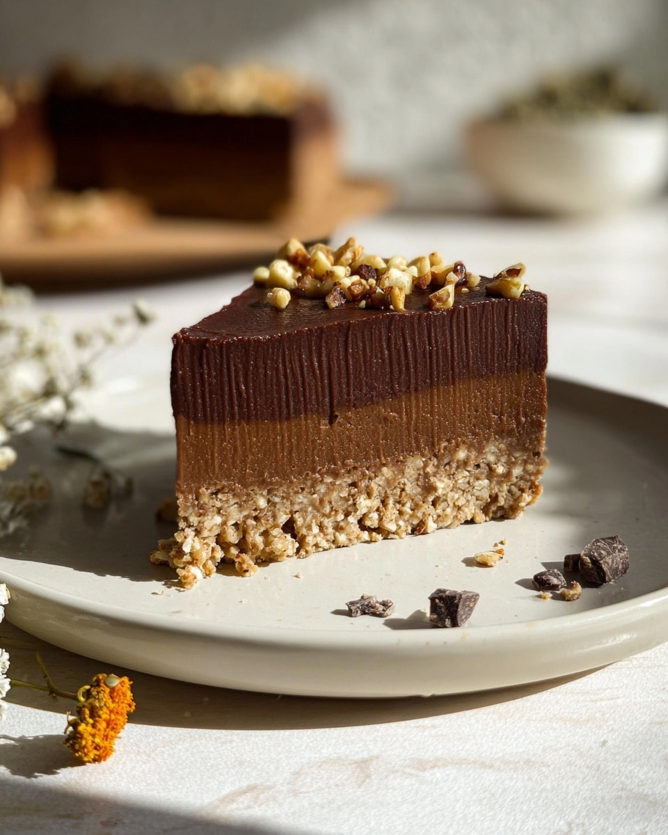 A close-up image of a two-layer dessert slice placed on a white plate with a smooth matte surface, sitting on a white marbled texture. The bottom layer is a thick, crumbly, light beige crust with visible oat or nut pieces, while the top layer is a dense, smooth, rich dark brown chocolate filling with visible vertical knife marks on its side. The dessert slice is topped with small pieces of chopped nuts and dark chocolate chips scattered on its surface. Around the plate, there are small dry flowers and nut pieces scattered decoratively. In the background, there is a blurred piece of the uncut dessert and a small white bowl with herbal contents. Bright natural light creates sharp shadows, emphasizing the textures and layers. photo taken with an iphone --ar 4:5 --v 7