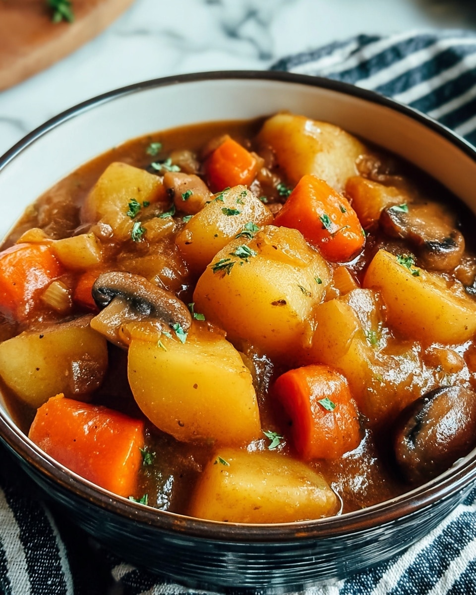 A close-up view of a bowl filled with chunky vegetable stew in a white bowl with a dark rim, sitting on a cloth with dark blue and white stripes on a white marbled surface. The stew has three main layers: large golden-yellow potato pieces with a soft texture; bright orange carrot chunks with a slight shine; and small pieces of brown mushrooms and translucent onion mixed in a thick brown gravy. The stew is garnished with small green herb bits scattered on top, adding a fresh touch. Photo taken with an iphone --ar 4:5 --v 7