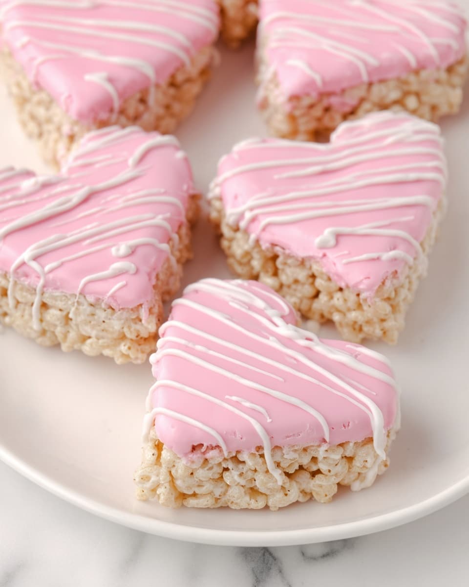 The image shows several heart-shaped rice crispy treats arranged close together on a white plate over a white marbled background. Each treat has two layers: the bottom layer is the light tan, crispy rice cereal texture, and the top layer is a smooth, glossy pink coating that covers about half of the treat. Thin white lines are drizzled evenly over both the pink coating and the exposed rice cereal, adding a delicate decorative touch. The treats are placed at different angles, showing their shape and texture clearly. Photo taken with an iphone --ar 4:5 --v 7