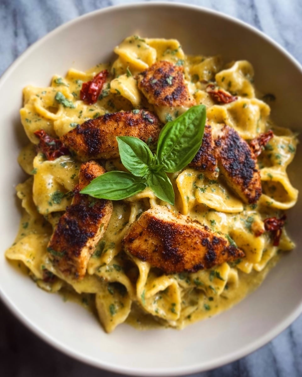 A white bowl filled with wide pasta pieces coated in a creamy yellow sauce, topped with several grilled chicken strips that have a slightly charred, dark brown exterior. Scattered sun-dried tomatoes add a deep red color contrast, and small green basil leaves rest on top as garnish. The textures show the softness of the pasta, the grilled crispness of the chicken, and the smoothness of the sauce beneath. The bowl is placed on a white marbled surface. Photo taken with an iphone --ar 4:5 --v 7