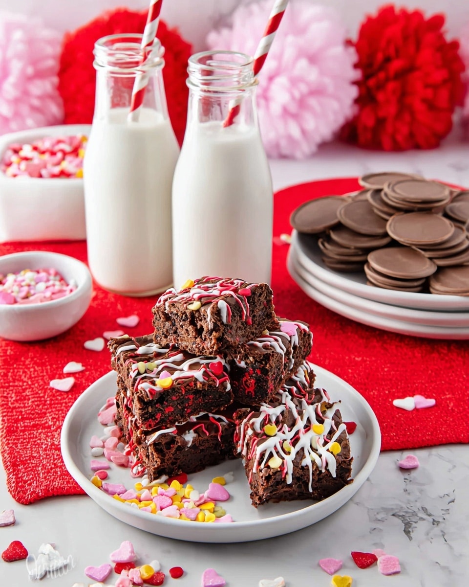 A white plate holds a stack of five brownie pieces with different shapes and a rough, chewy texture. Each brownie is covered with smooth drizzles of chocolate in dark brown, red, or white, topped with colorful sprinkles shaped like hearts, rods, and dots in pink, white, yellow, and red. Near the plate are scattered sprinkles matching the toppings. Behind the plate are two clear glass bottles filled with white milk, each with red and white striped straws inside. To the side, a white bowl is full of round milk chocolate discs, and another white plate in the background is stacked with more decorated brownie pieces. The whole scene is set on a red heart-shaped felt mat over a white marbled surface, with soft red, white, and pink fluffy balls in the background. photo taken with an iphone --ar 4:5 --v 7