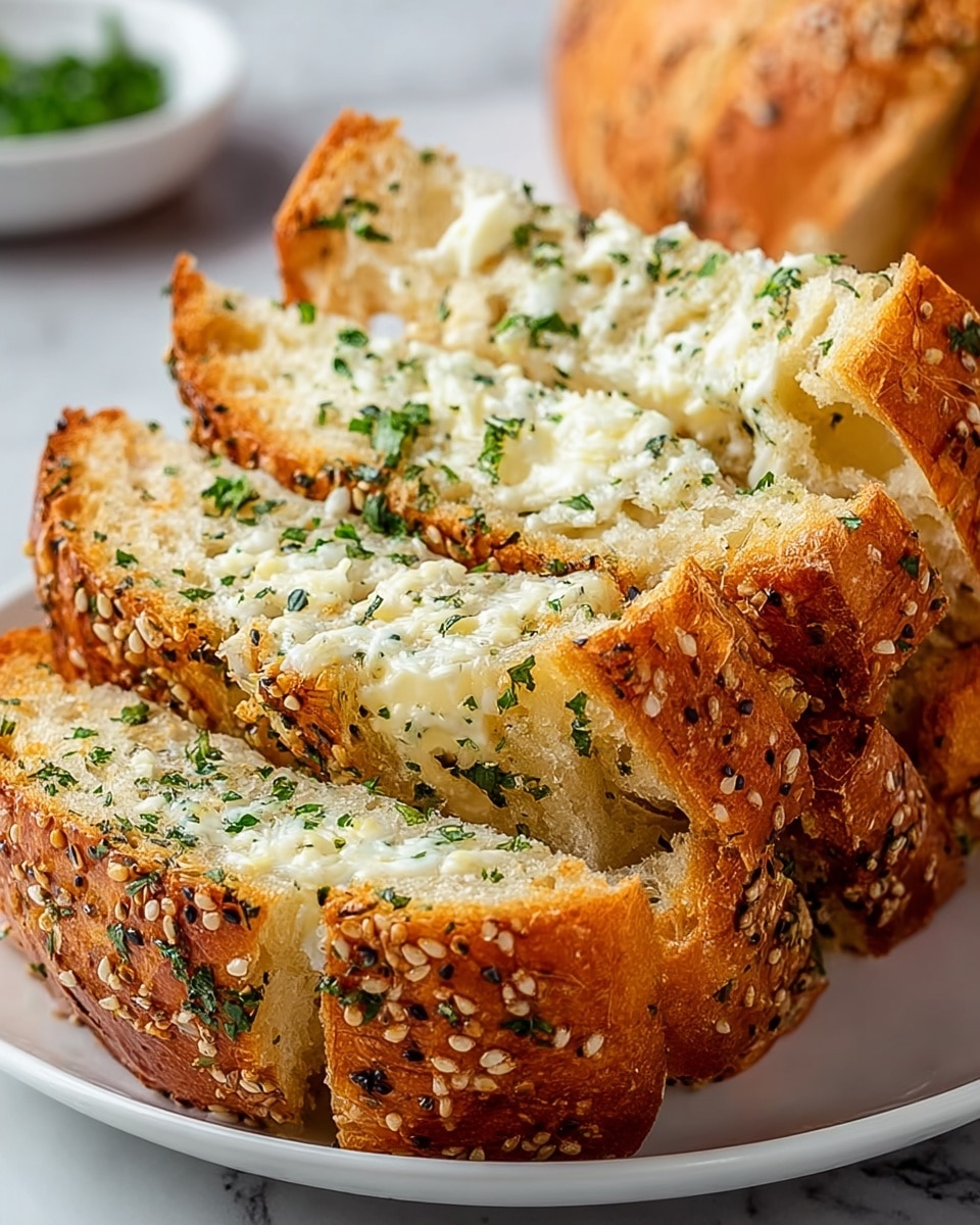 A white plate holds several thick slices of garlic bread, each slice showing a golden-brown crust sprinkled with sesame seeds and herbs. The bread's inside is soft and white, covered generously with melted white cheese and small green parsley pieces. The slices are stacked slightly leaning against each other, showing the toasted, crispy edges and the creamy, cheesy layer inside. The plate sits on a white marbled surface, with a blurred whole loaf in the background. Photo taken with an iphone --ar 4:5 --v 7