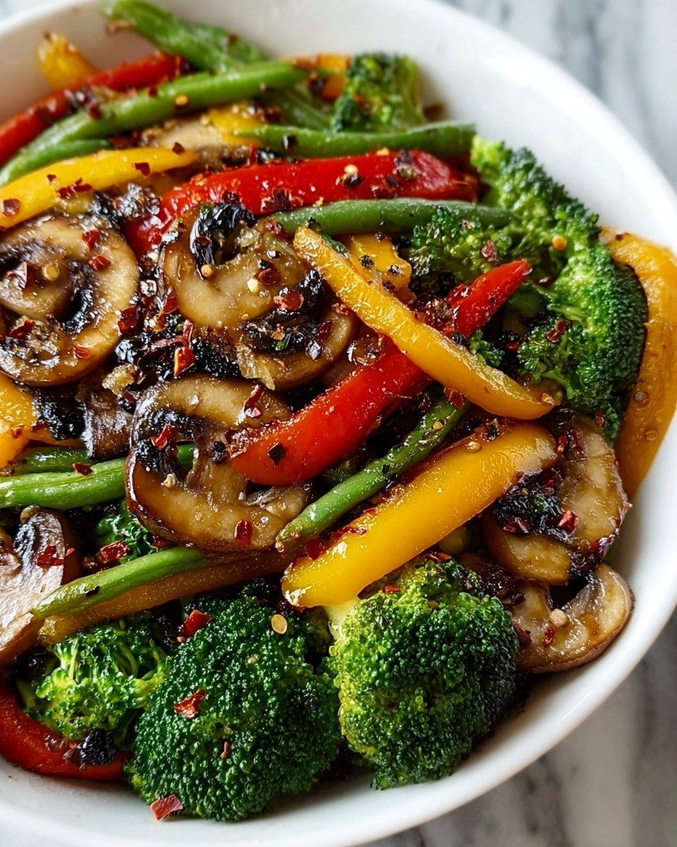 A close-up of a white bowl filled with a colorful stir-fry featuring several layers of vegetables. The bottom layer is bright green broccoli florets with a rough texture. On top, there are slices of yellow and red bell peppers, which are smooth and slightly shiny. Scattered among these are lightly browned, glossy mushroom slices with a tender texture, and some green beans adding a crisp feel. The dish is sprinkled with small red chili flakes and bits of char, giving it a spicy and slightly smoky look. The background is a white marbled surface. Photo taken with an iphone --ar 4:5 --v 7